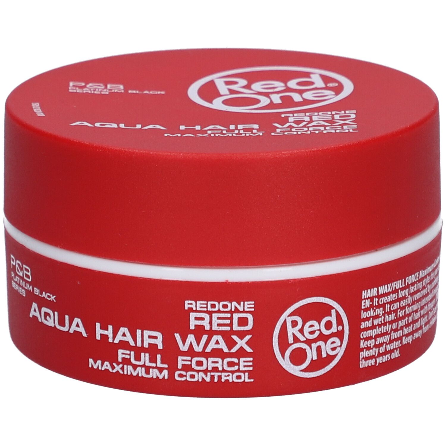 Rode pot met witte deksel. Opschrift: Red One Aqua Hair Wax Full Force. Logo: Red One.