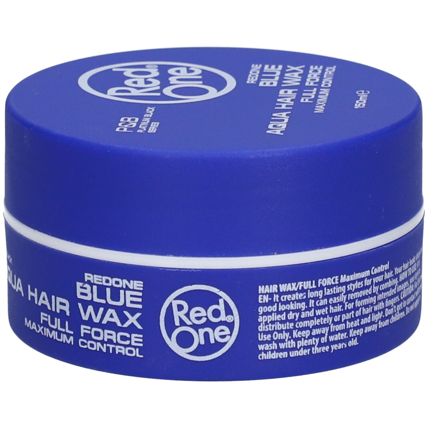 Pot bleu avec couvercle blanc. Inscription: Red One Aqua Hair Wax Blue Full Force Maximum Control. Texte en anglais.