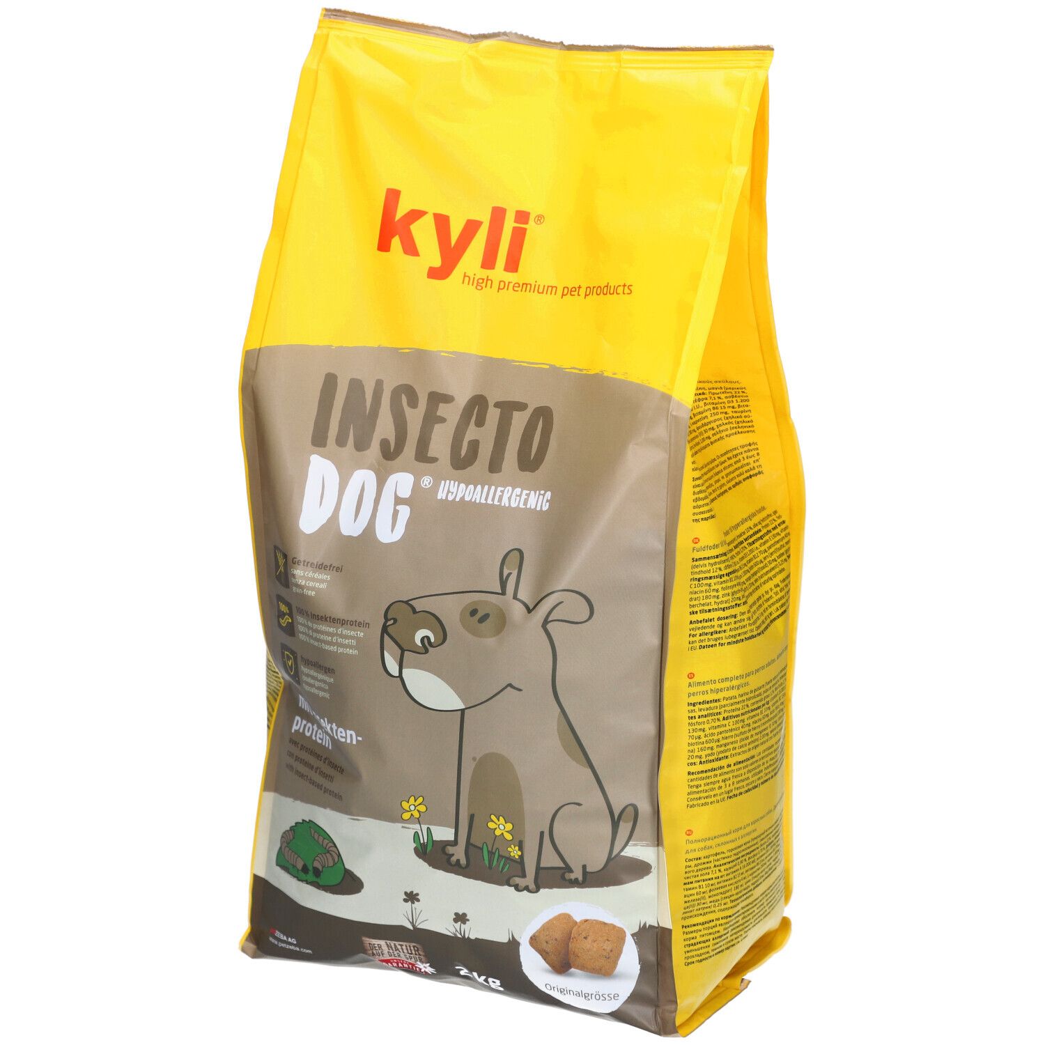 Gele zak met opdruk. Opschrift: Insecto Dog, kyli. Illustratie van een hond. 2 kg.