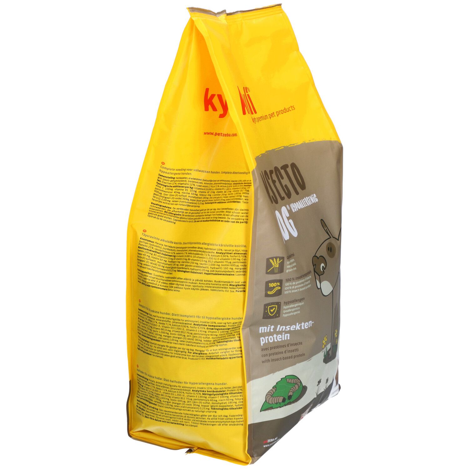 Gele zak, zijaanzicht. Opschrift: Insecto Dog. Illustratie van een hond. Tekst.