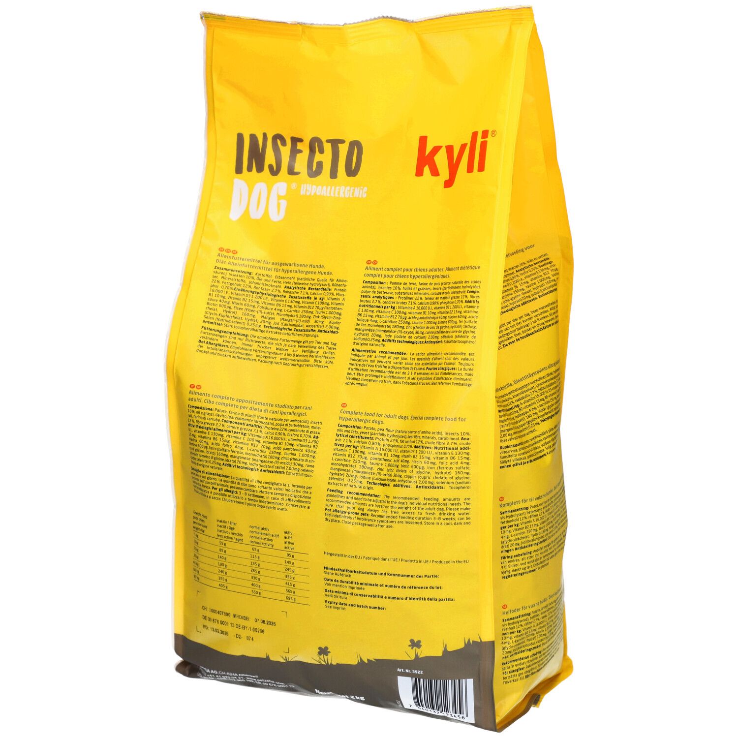 Gele zak, achterkant. Opschrift: Insecto Dog. Tekst met voedingswaarde-informatie.