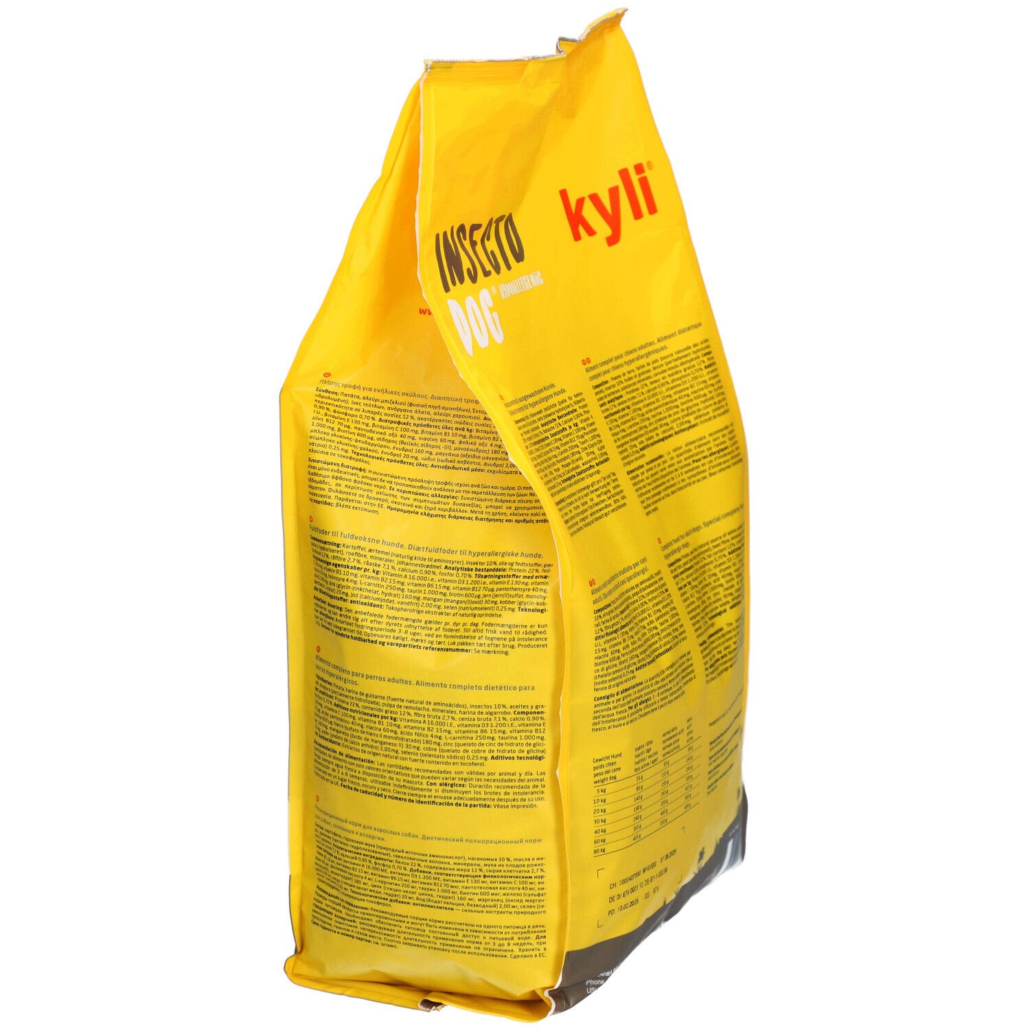 Gele zak, zijaanzicht. Opschrift: Insecto Dog. Tekst met voedingswaarde-informatie.