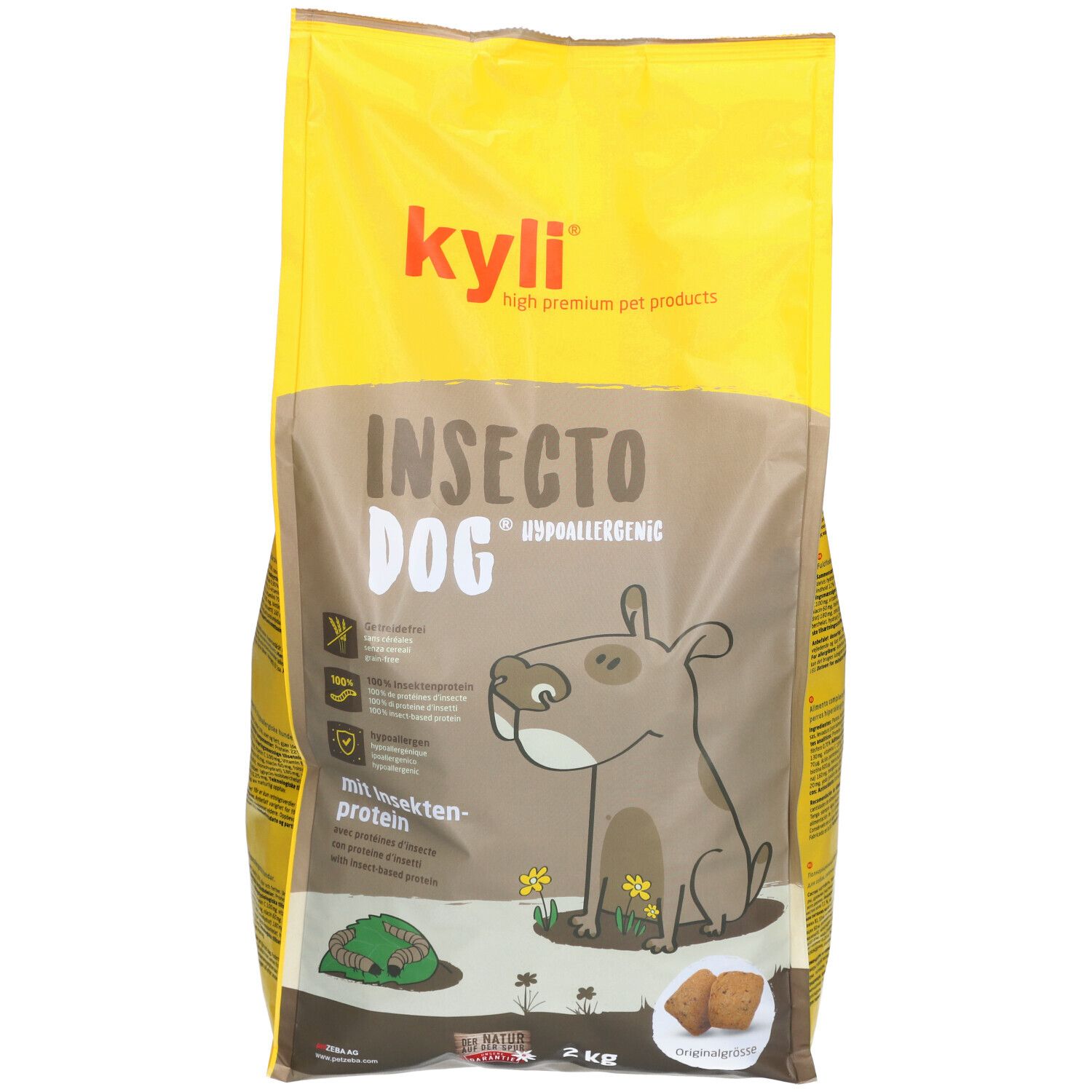Gele zak met opdruk. Opschrift: Insecto Dog, kyli. Illustratie van een hond. 2 kg.