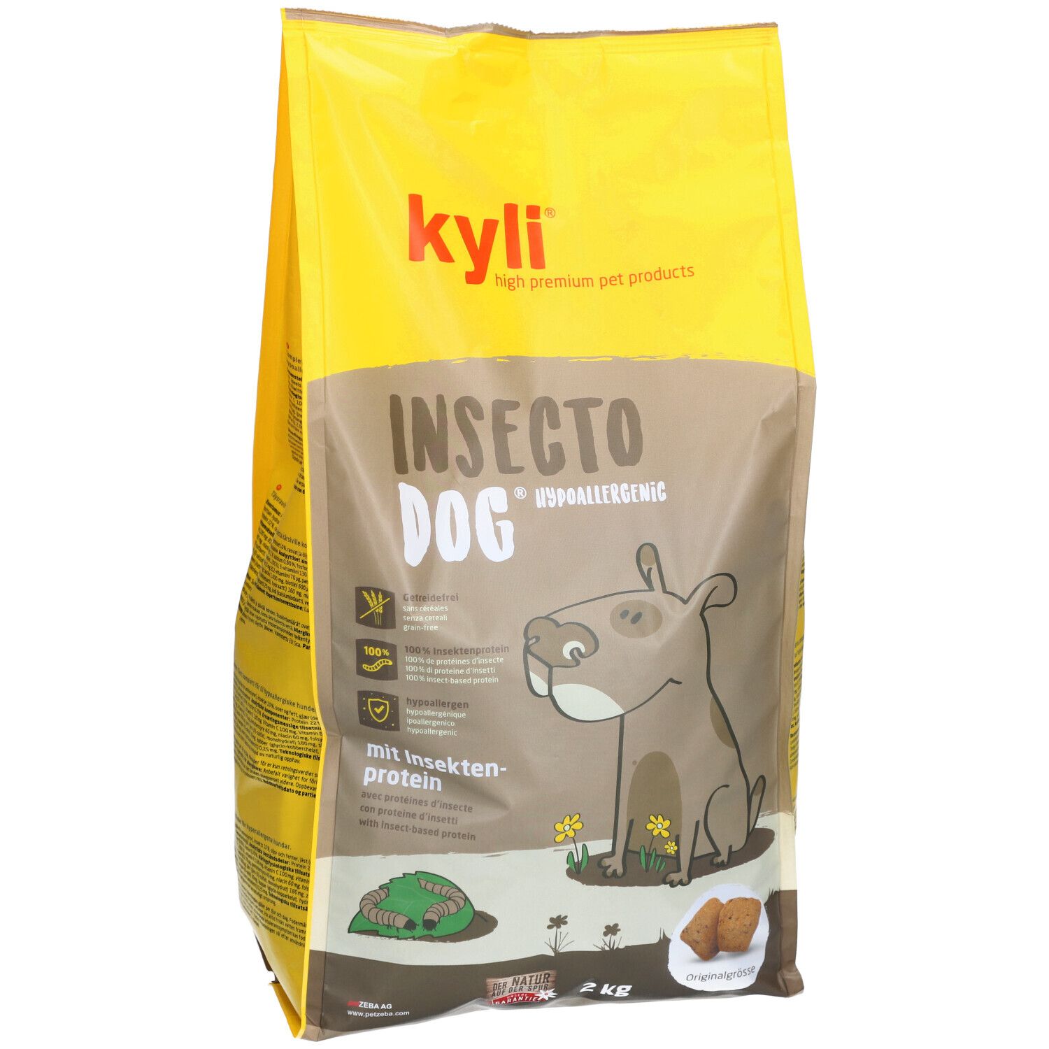 Gele zak met opdruk. Opschrift: Insecto Dog, kyli. Illustratie van een hond. 2 kg.
