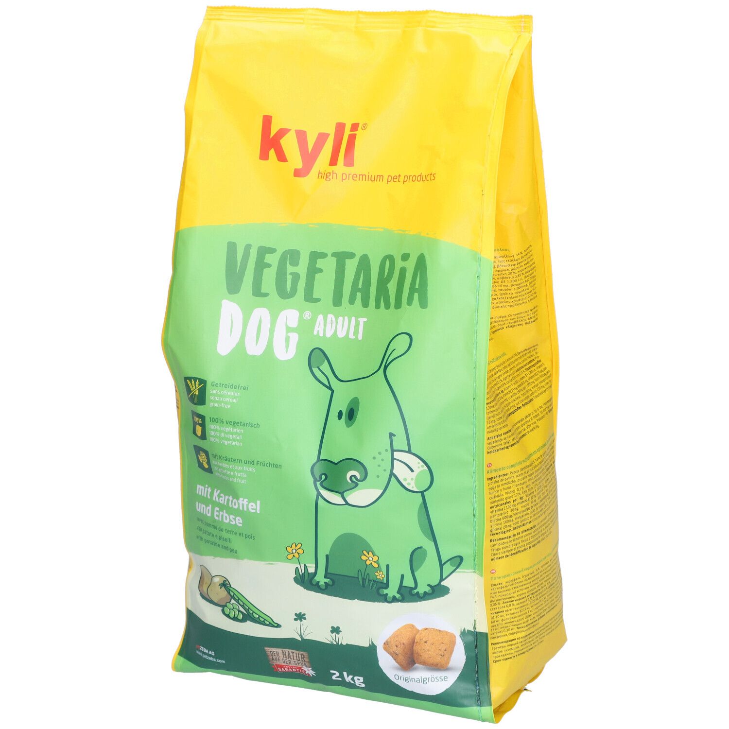 Sac jaune et vert kyli Vegetaria Dog Adult. Illustration de chien. Avec pommes de terre et pois. 2 kg.