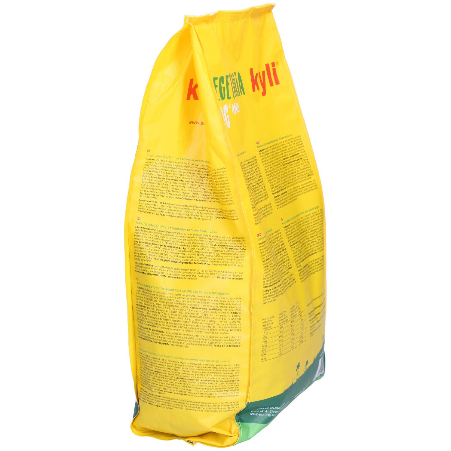 Sac jaune avec texte. Vue latérale. Inscription kyli Vegetaria Dog. Texte au dos.