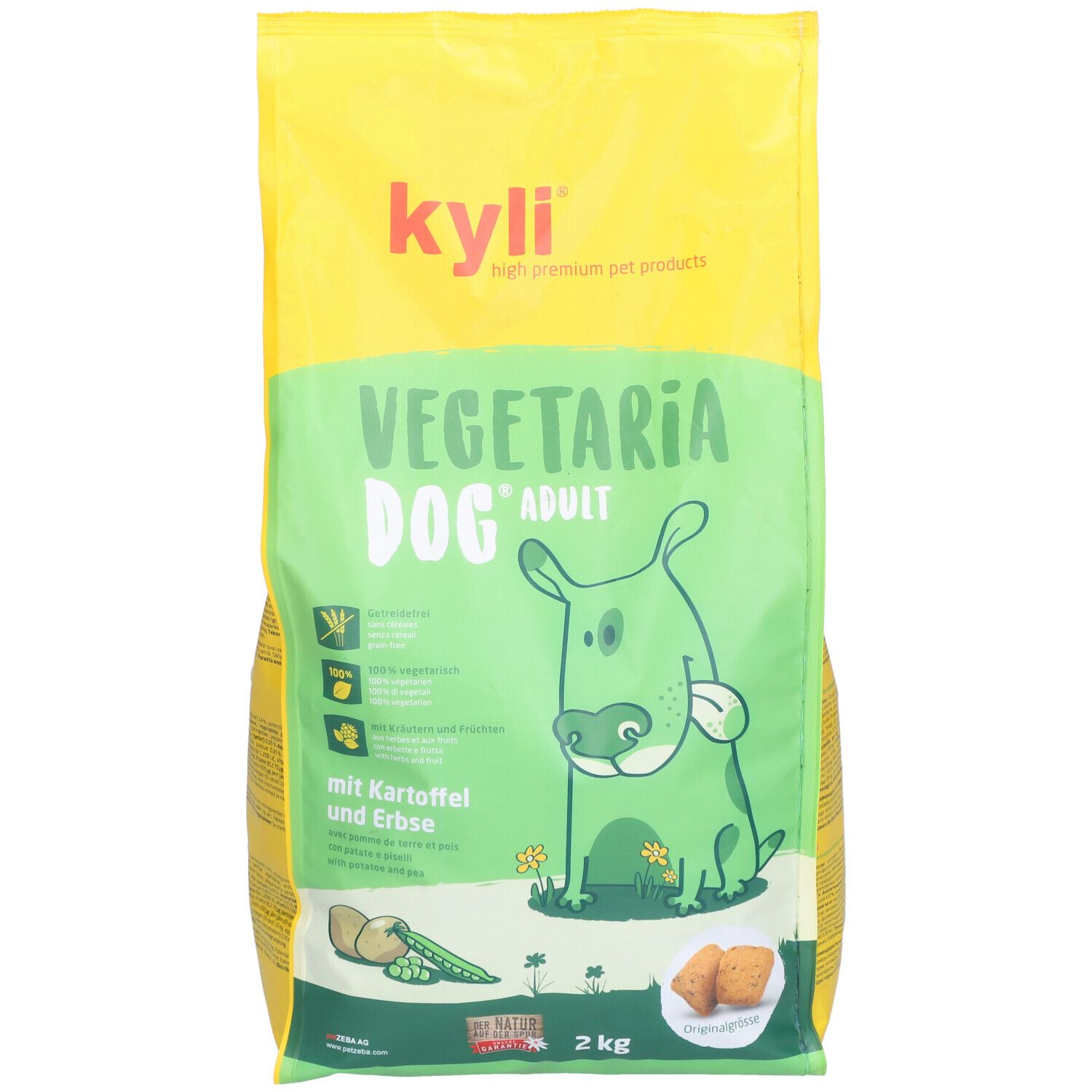 Sac jaune et vert kyli Vegetaria Dog Adult. Illustration de chien. Avec pommes de terre et pois. 2 kg.