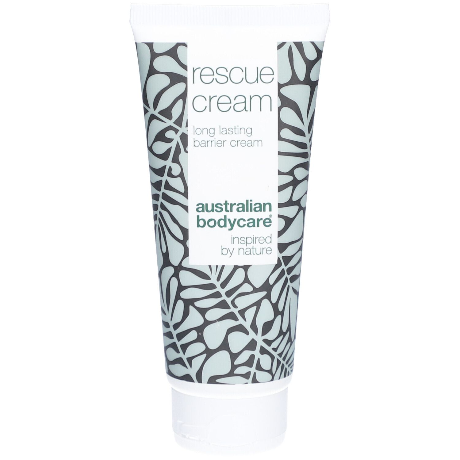 Tube de crème barrière blanche avec motif floral. Inscription : rescue cream, long lasting barrier cream. Marque : Australian Bodycare.