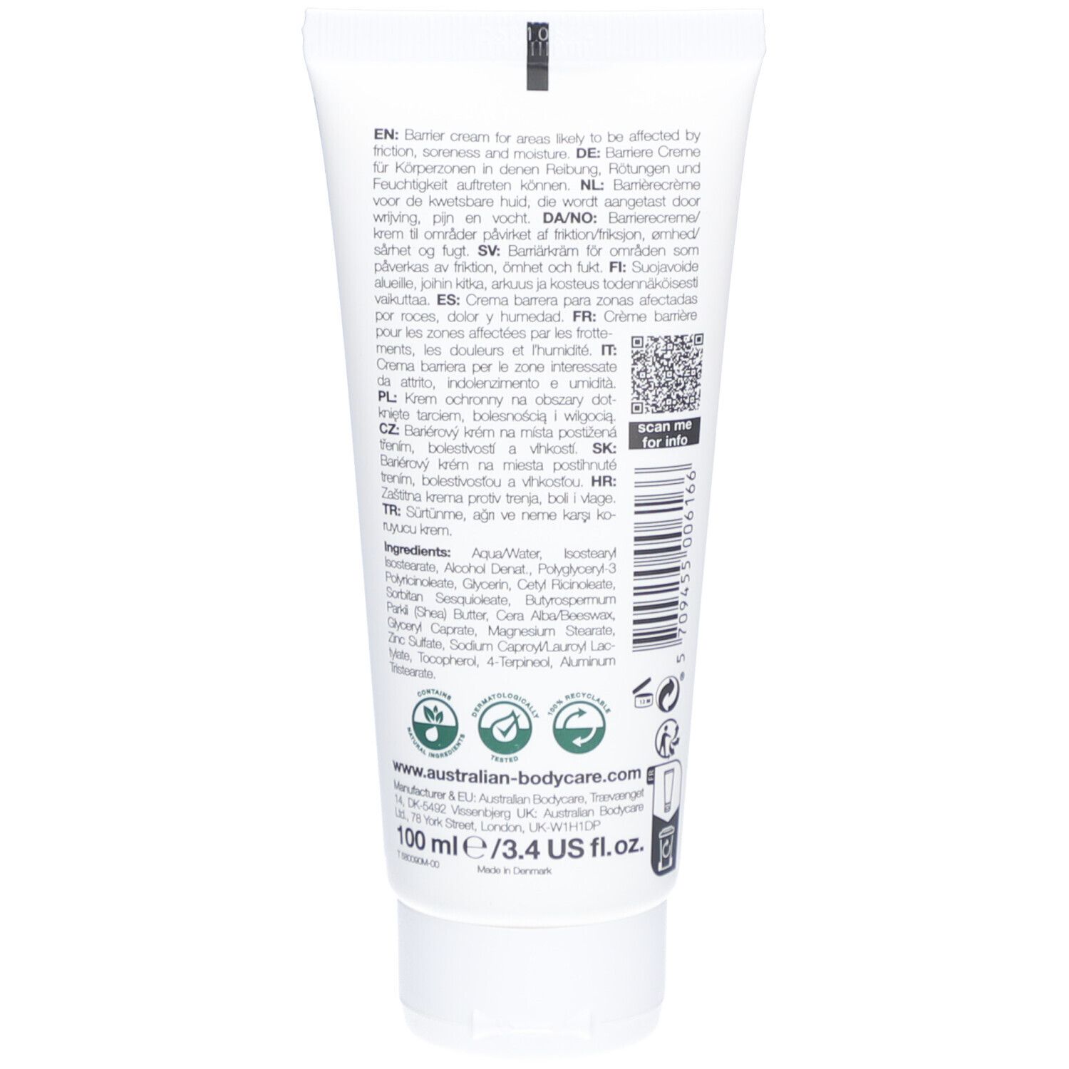 Dos du tube de crème barrière. Texte multilingue. Ingrédients et logo. Volume : 100 ml.