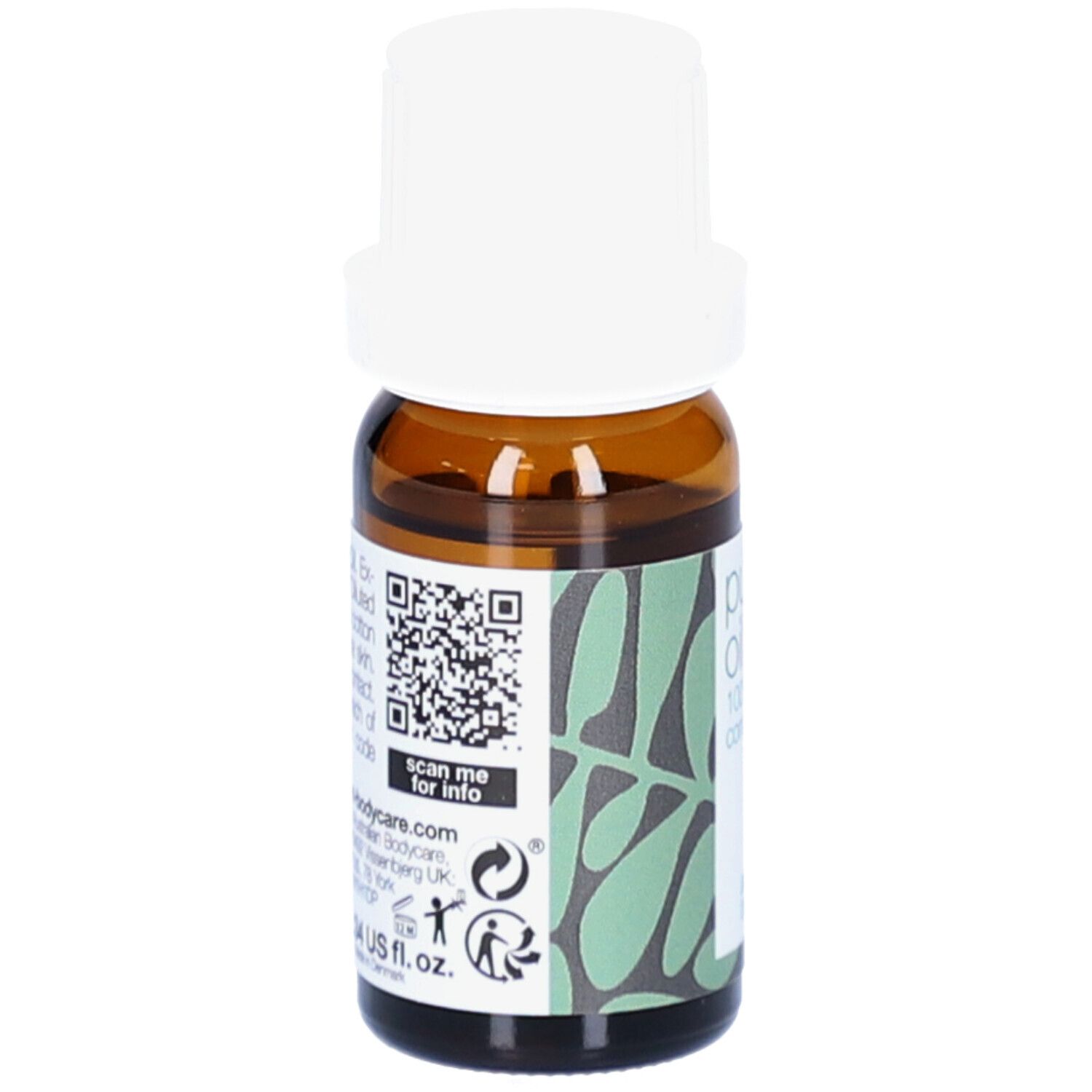 Flacon en verre brun avec bouchon blanc. Autocollant avec code QR et texte. Motif vert au dos.