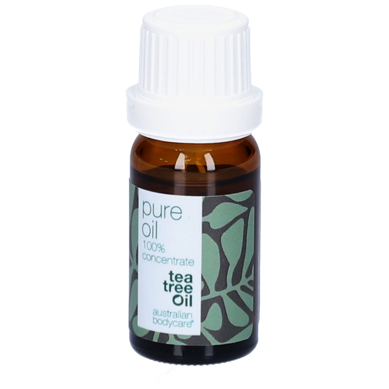 Flacon en verre brun avec bouchon blanc. Étiquette « pure oil 100% concentrate tea tree oil ».