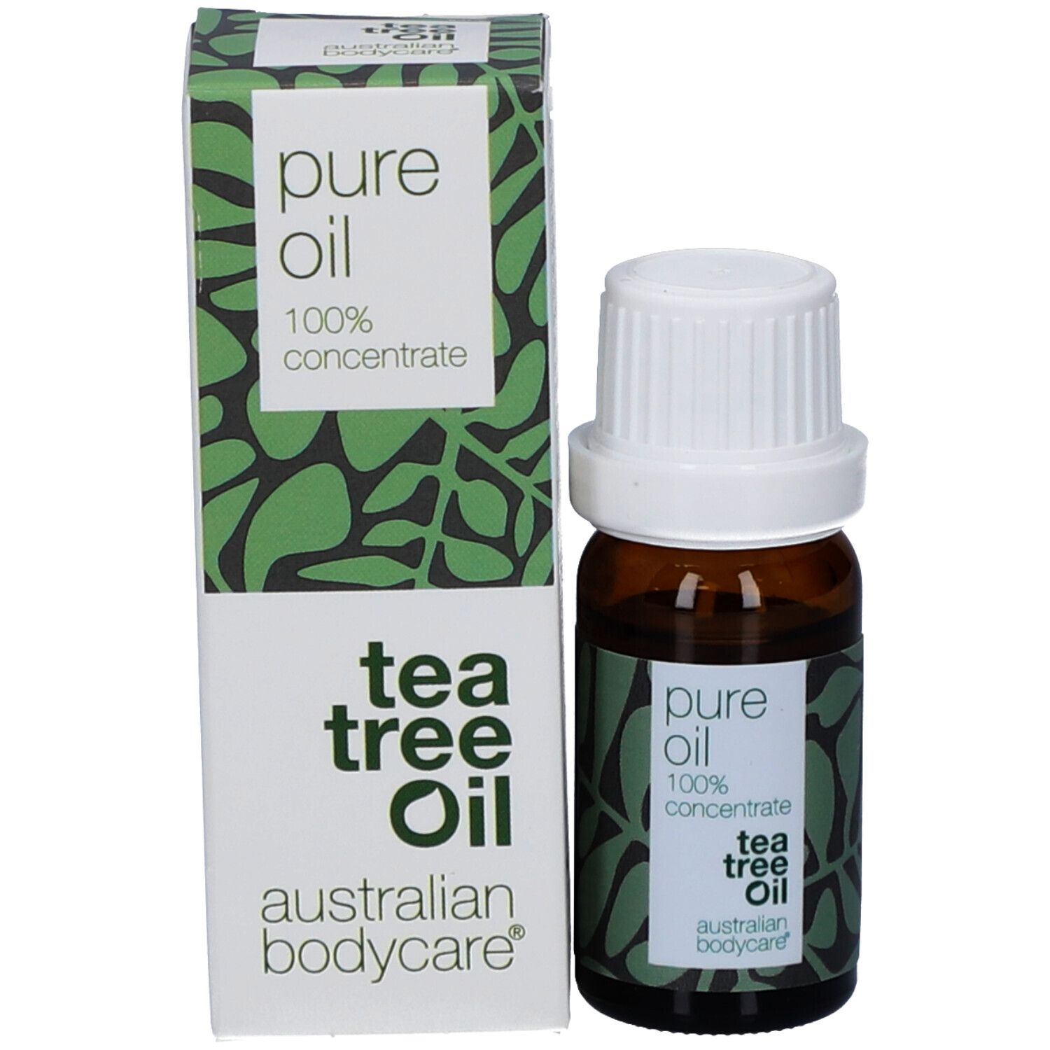 Flacon et emballage. Flacon avec bouchon blanc et étiquette. Emballage avec texte et motif vert.