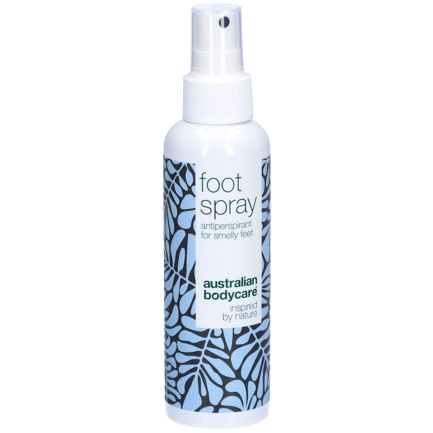 Flacon de spray pour les pieds blanc avec vaporisateur. Texte: foot spray, antiperspirant for smelly feet, Australian Bodycare.