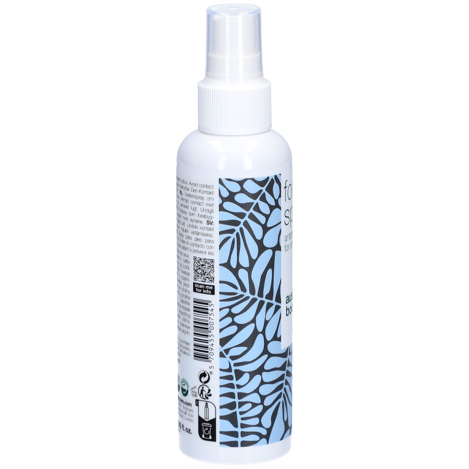 Flacon de spray pour les pieds blanc avec vaporisateur. Dos avec texte et code QR. Australian Bodycare.