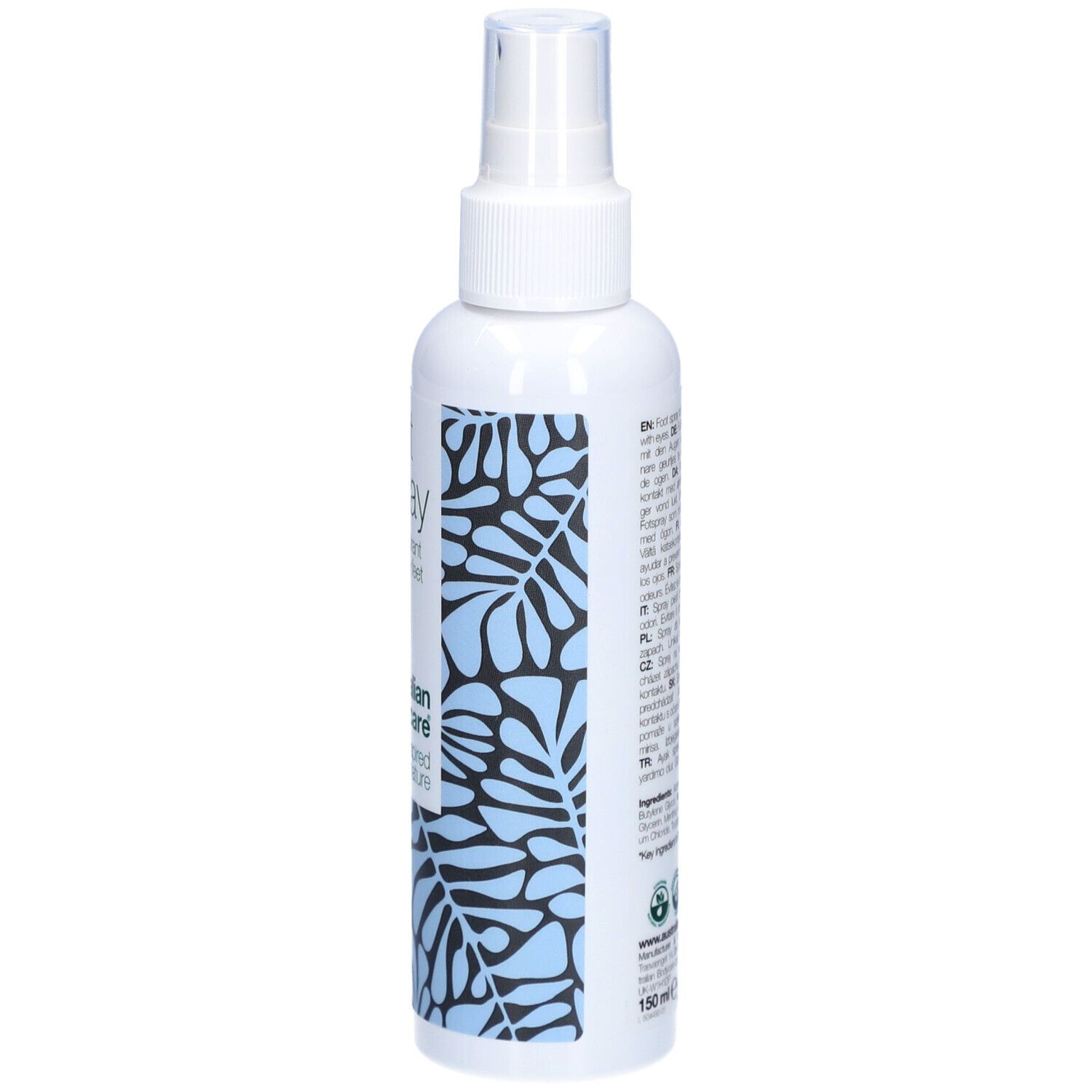 Flacon de spray pour les pieds blanc avec vaporisateur. Dos avec texte. Australian Bodycare, 150 ml.