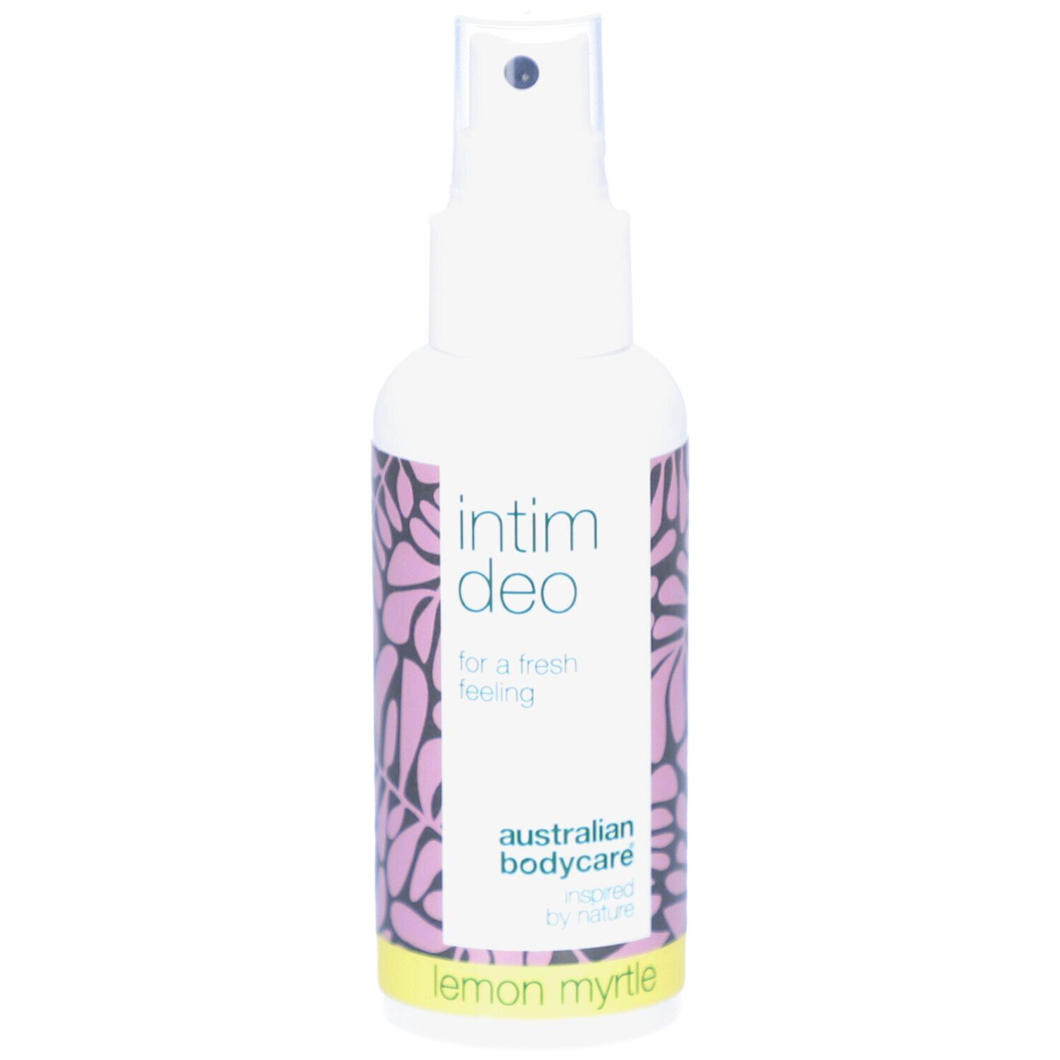 Spray blanc Intim Deo, australian bodycare, Lemon Myrtle. Motif rose, bande jaune.