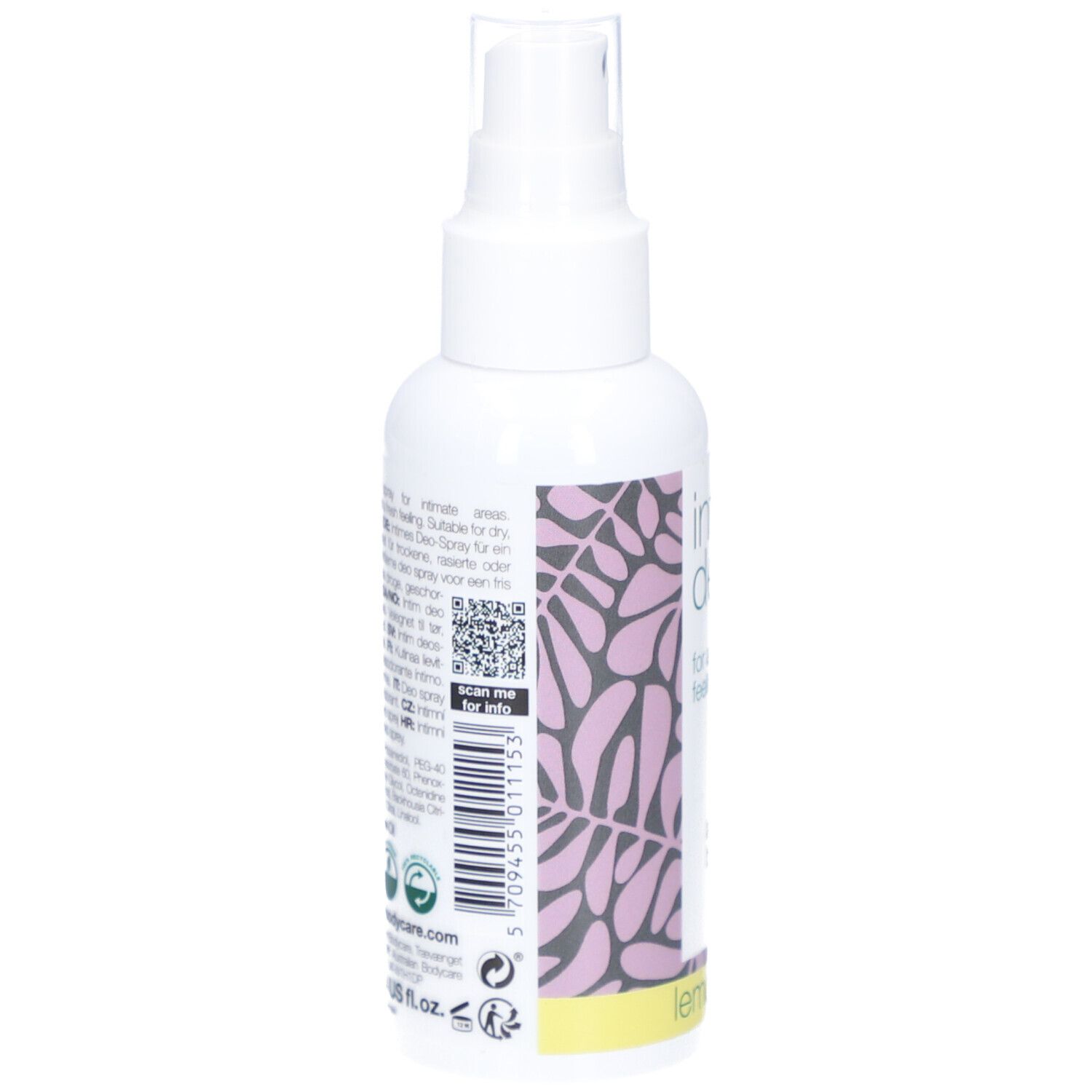 Spray blanc, dos avec texte et QR code. Intim Deo, australian bodycare. Motif rose.