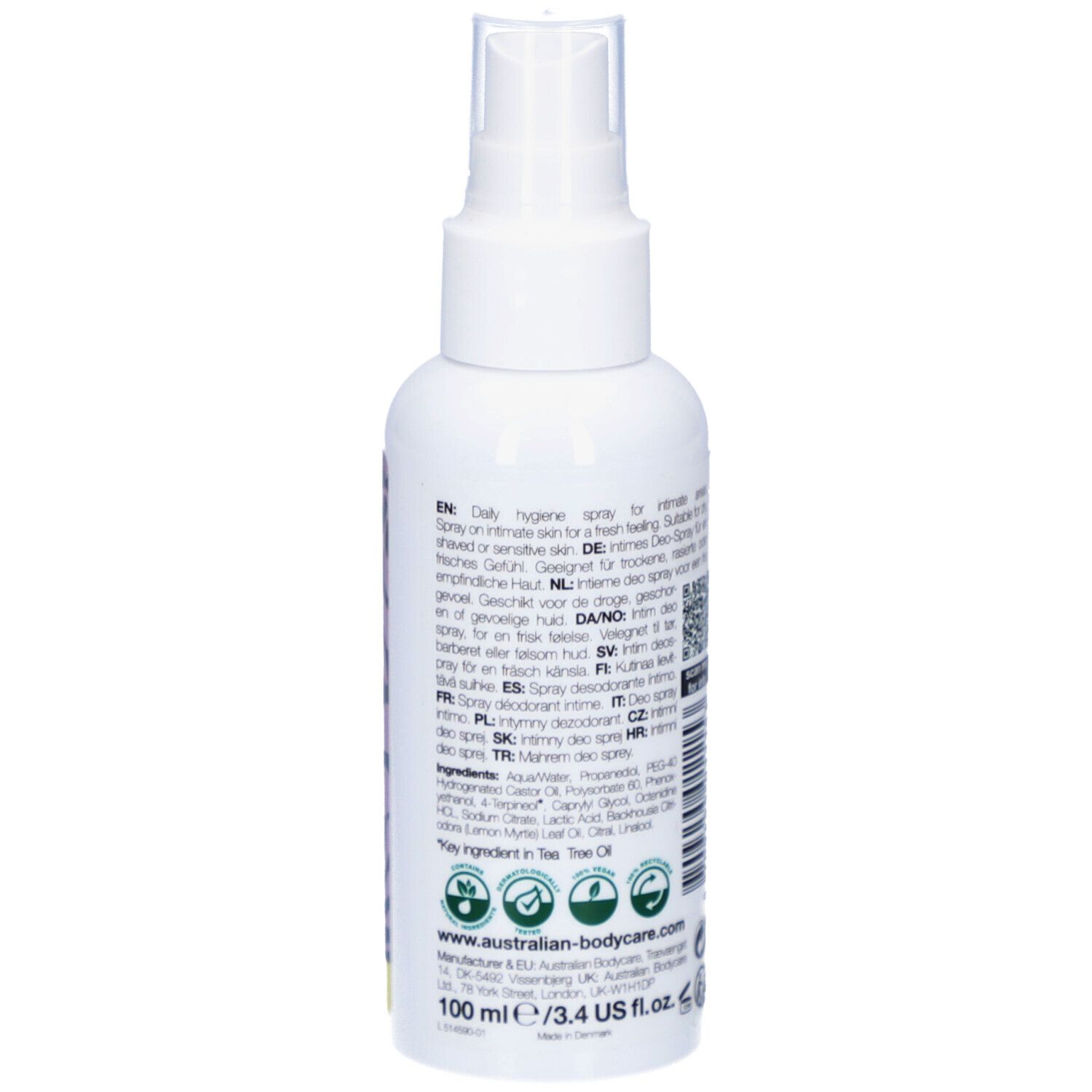 Spray blanc, dos avec texte. Intim Deo, australian bodycare, Lemon Myrtle. 100 ml/3.4 US Fl.oz.