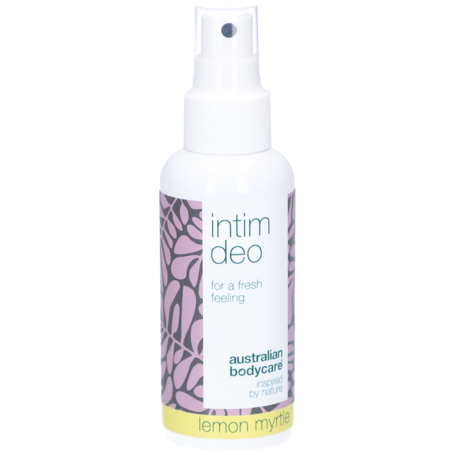 Spray blanc Intim Deo, australian bodycare, Lemon Myrtle. Motif rose, bande jaune.