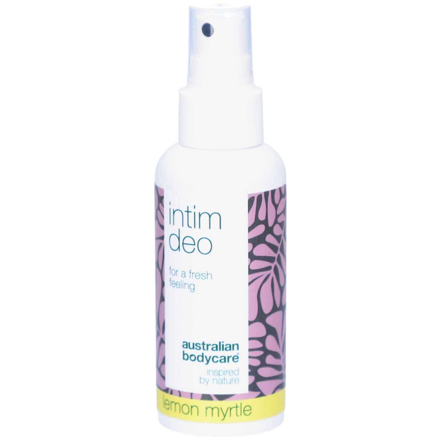 Spray blanc Intim Deo, australian bodycare, Lemon Myrtle. Motif rose, bande jaune.