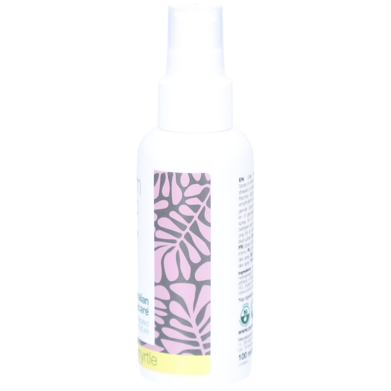 Spray blanc, dos avec texte. Intim Deo, australian bodycare. Motif rose.
