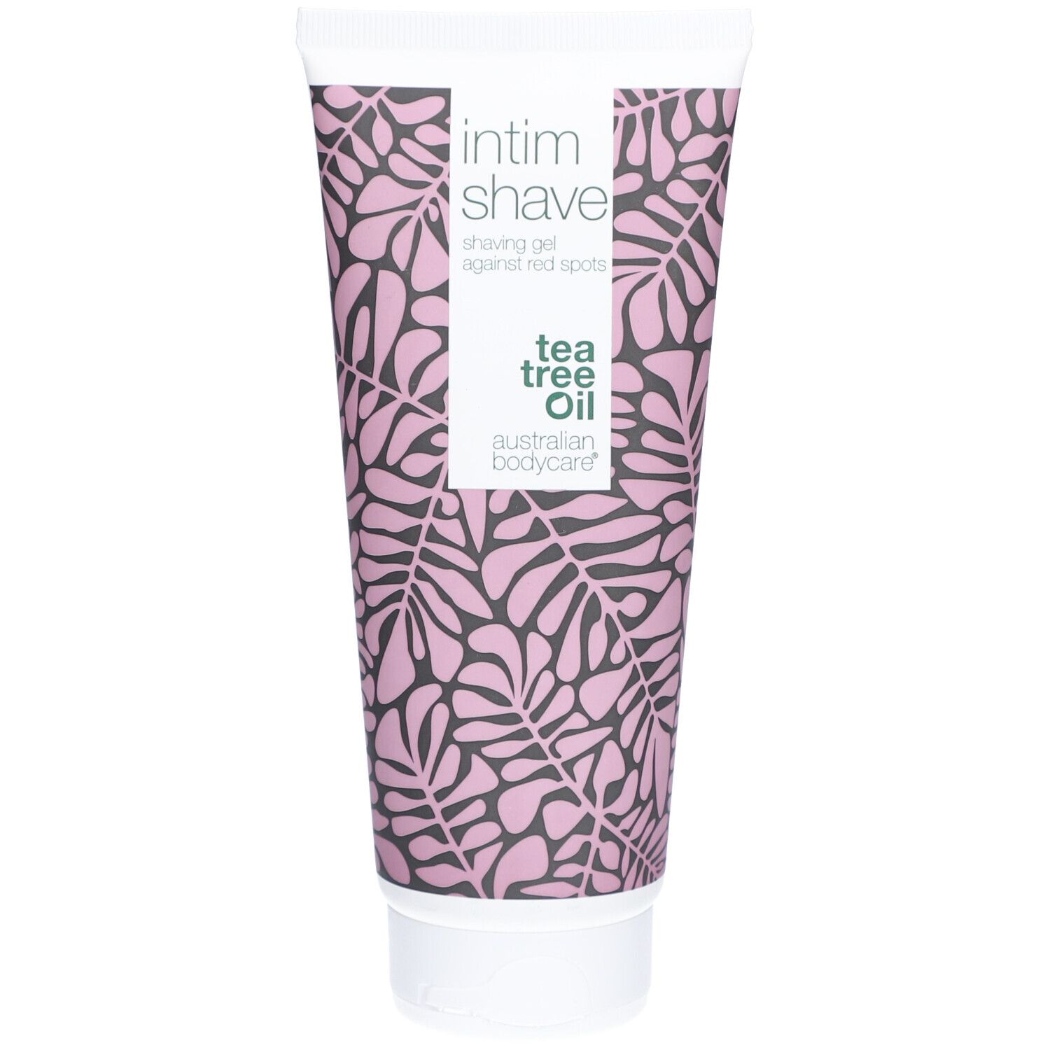 Tube scheergel. Bloemenpatroon, tekst: Intim Shave, Tea Tree Oil, Australian Bodycare.