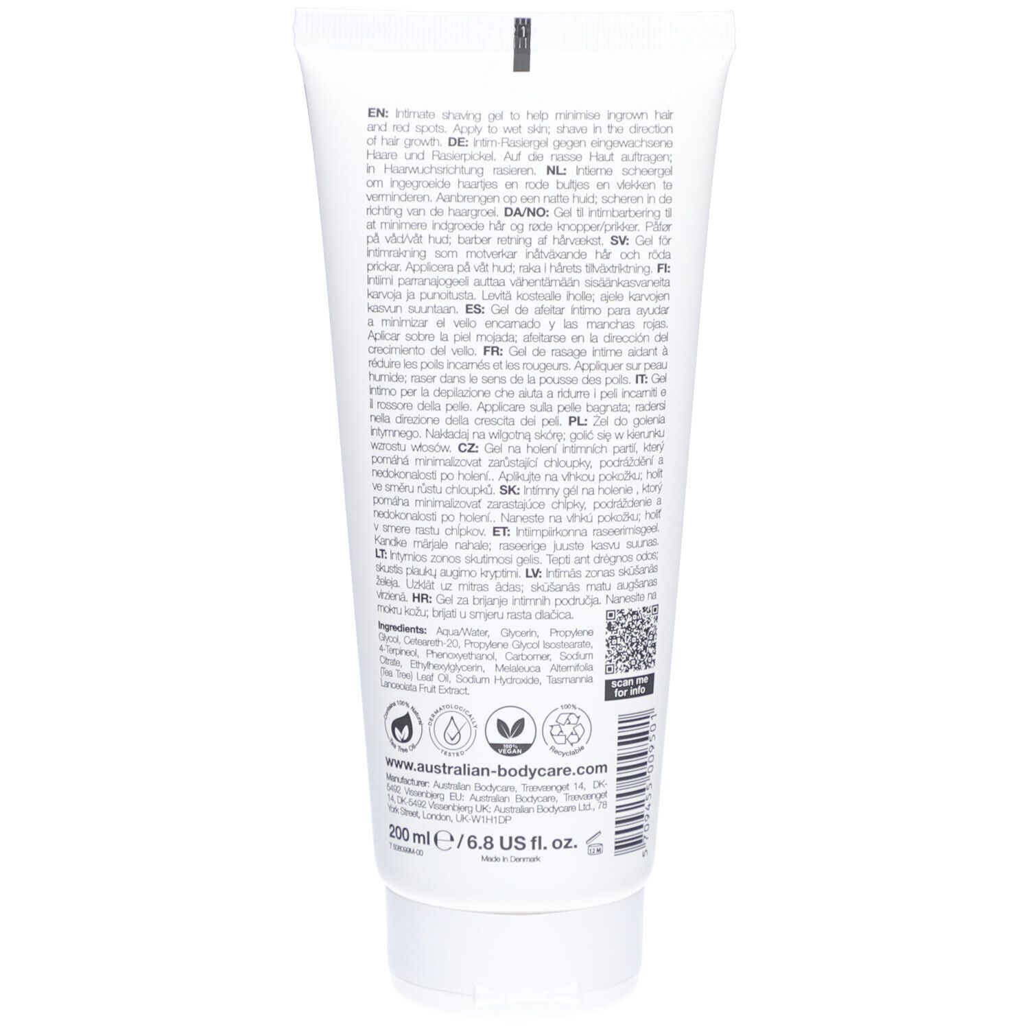 Achterkant van de tube scheergel. Meertalige tekst, ingrediënten, QR-code.