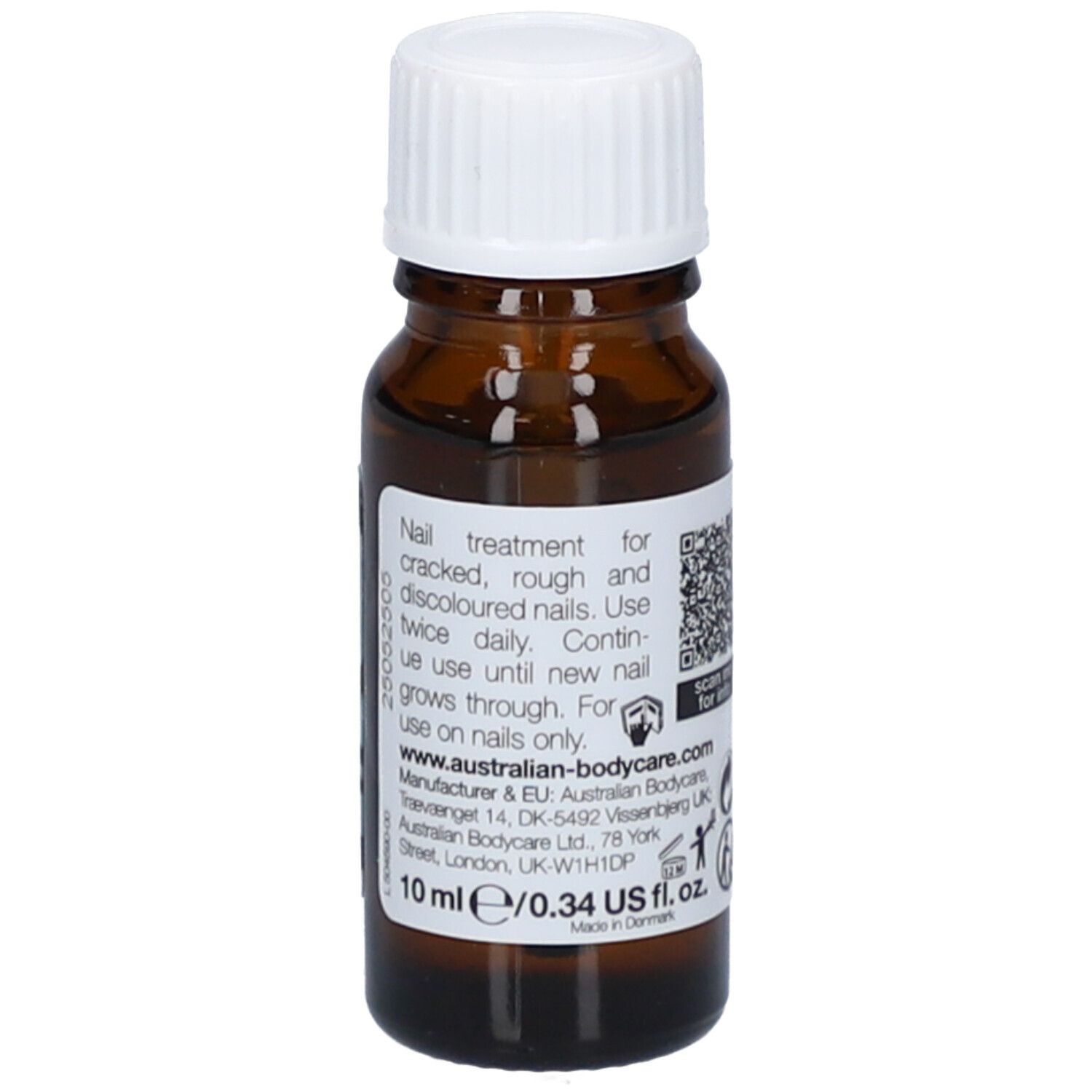 Flacon brun avec bouchon blanc. Étiquette avec texte. Marque : australian bodycare. 10 ml.