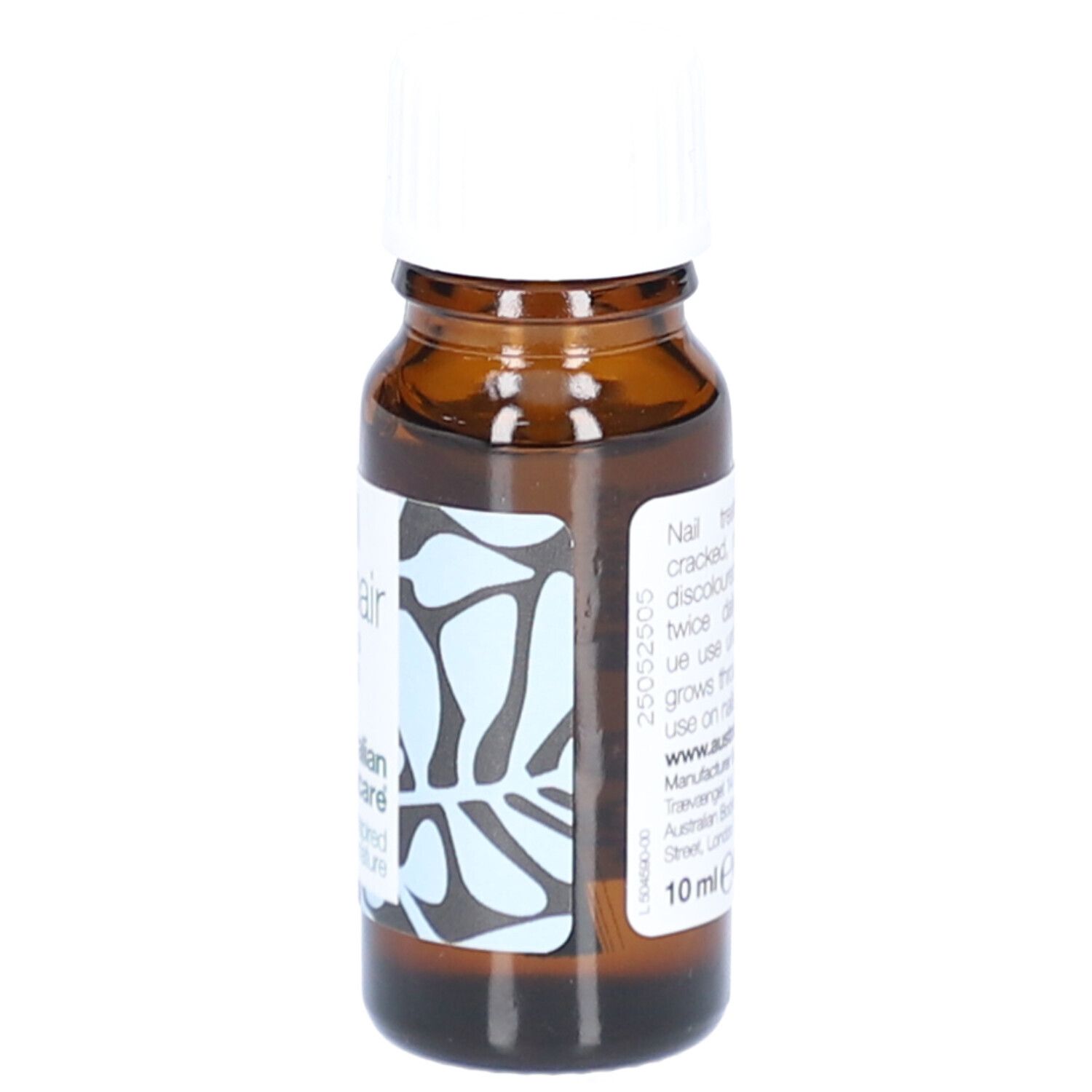 Flacon brun avec bouchon blanc. Étiquette avec texte. Marque : australian bodycare. 10 ml.