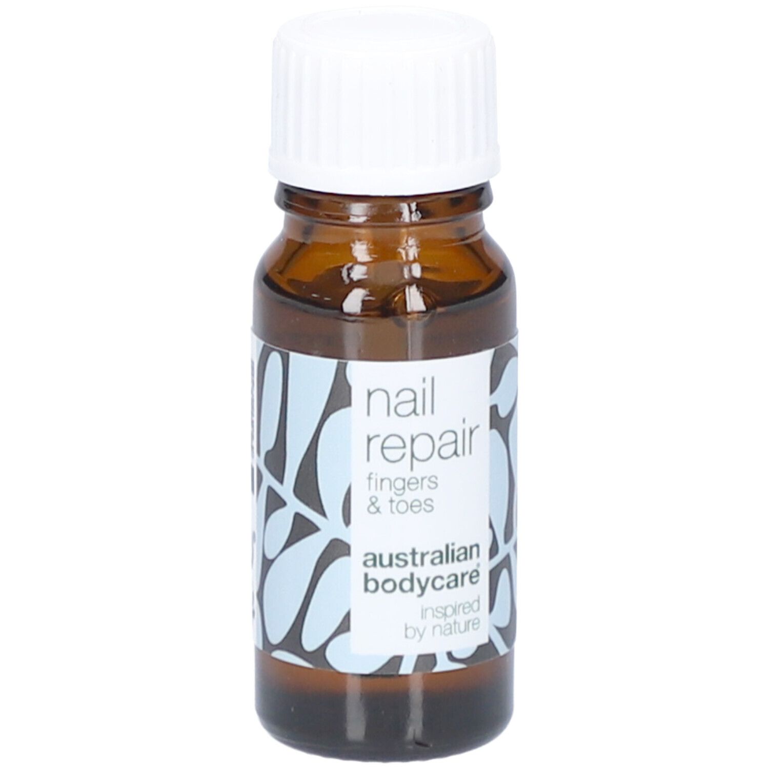 Flacon brun avec bouchon blanc. Étiquette : nail repair, fingers & toes, australian bodycare.