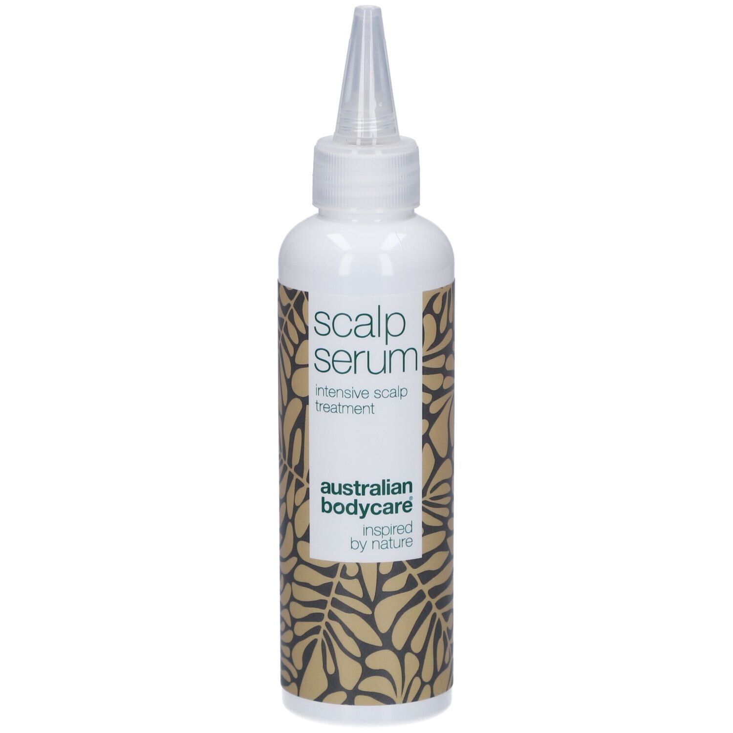 Witte fles met applicator. Opschrift: Scalp Serum, intensive scalp treatment. Merk: Australian Bodycare.