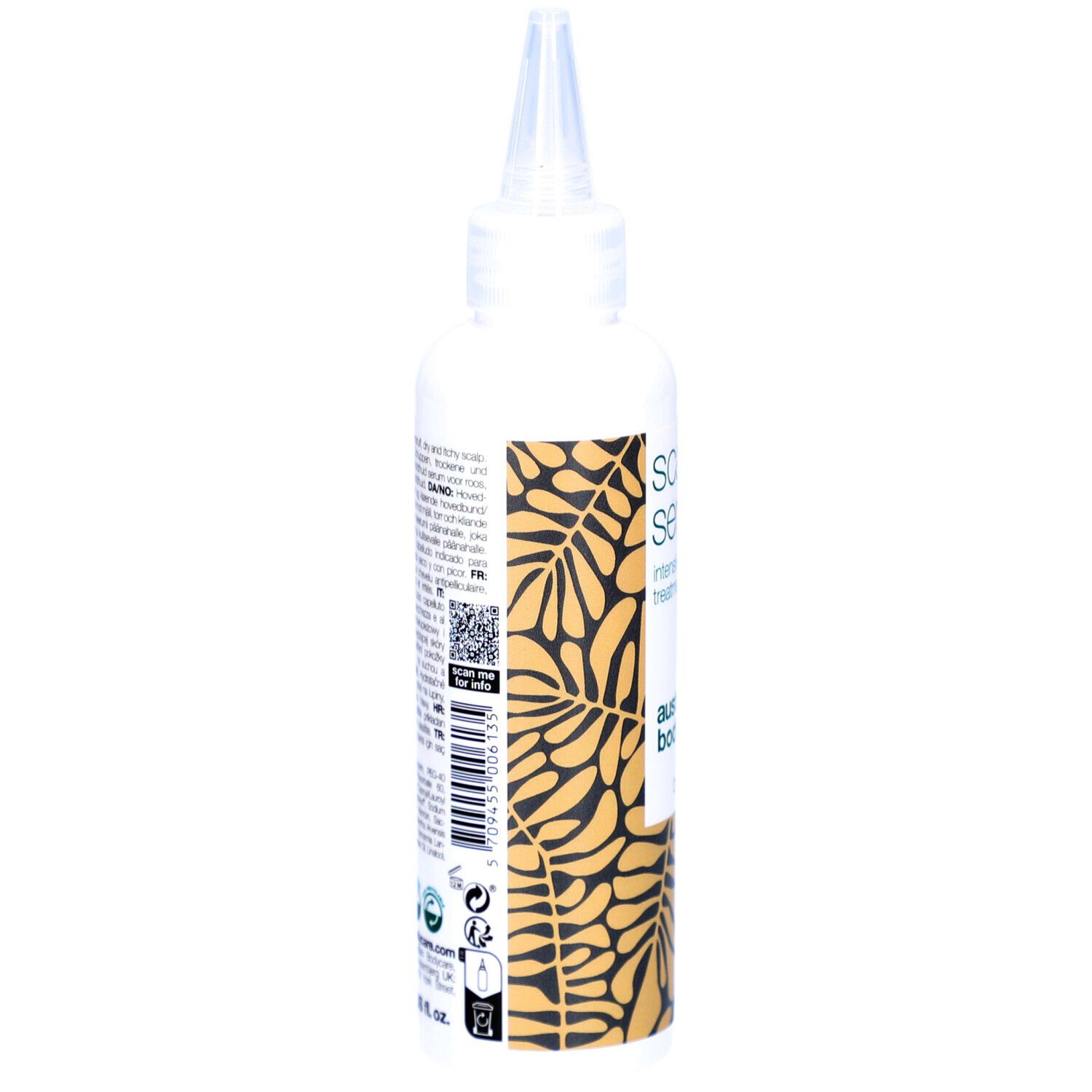 Witte fles met applicator. Opschrift: Scalp Serum, intensive scalp treatment. Merk: Australian Bodycare.