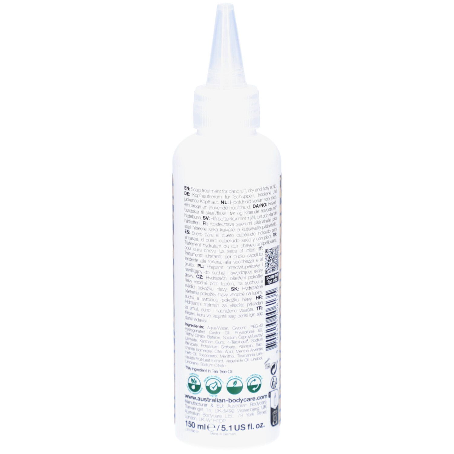 Witte fles met applicator. Opschrift: Scalp Serum, intensive scalp treatment. Merk: Australian Bodycare.
