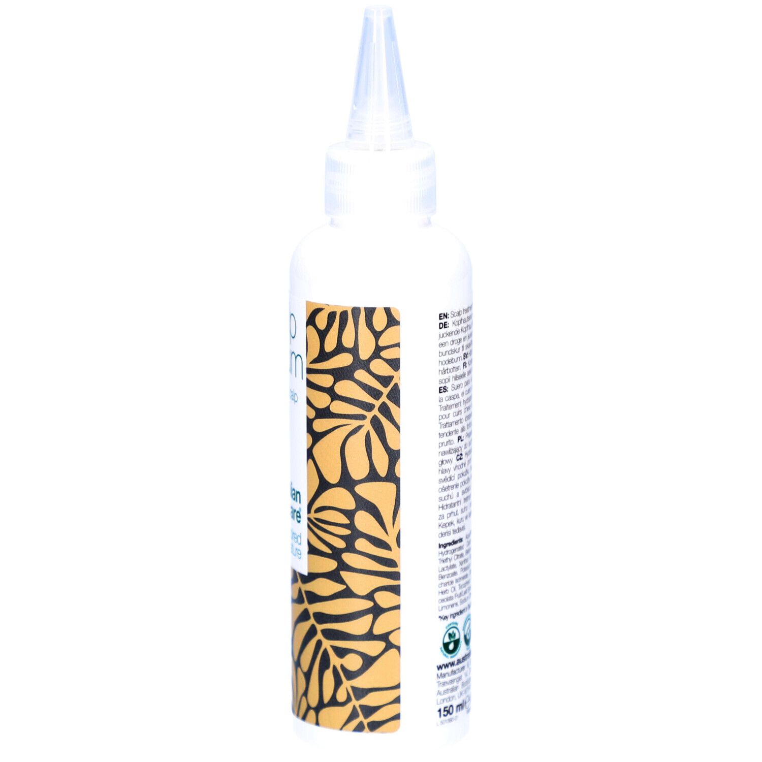 Witte fles met applicator. Opschrift: Scalp Serum, intensive scalp treatment. Merk: Australian Bodycare.
