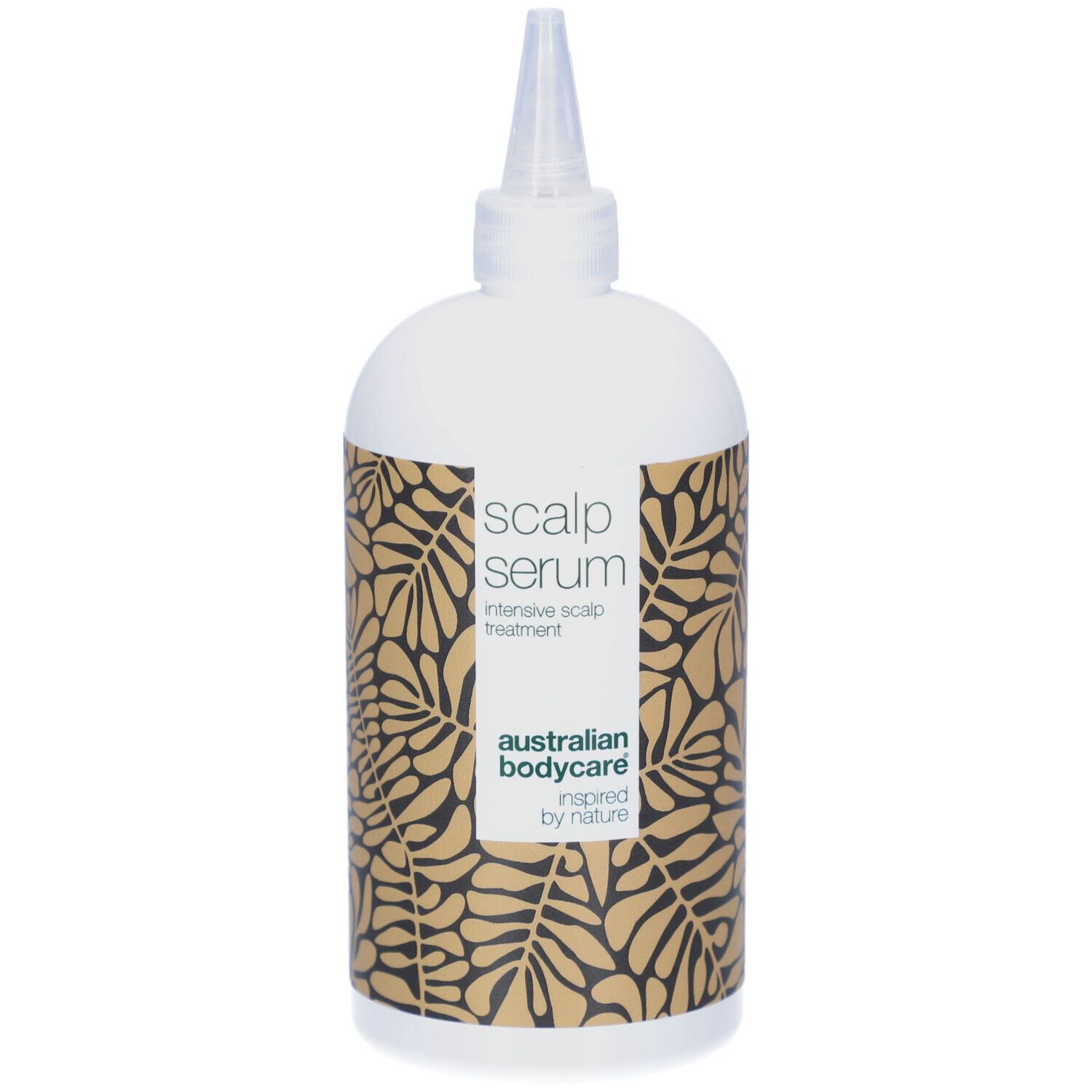 Flesje serum. Wit, met opdruk en applicatorpunt. Opschrift: Scalp Serum, Australian Bodycare.