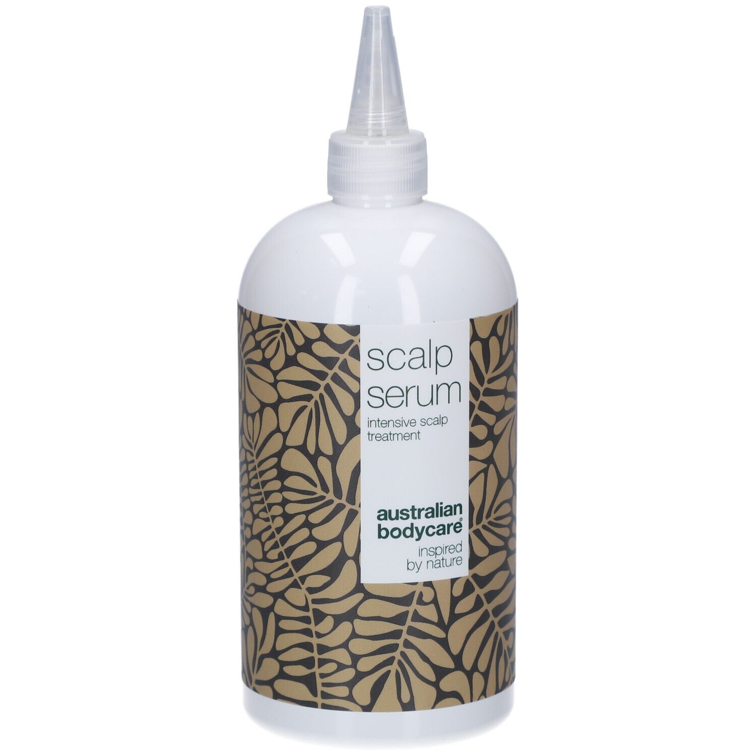 Flesje serum. Wit, met opdruk en applicatorpunt. Opschrift: Scalp Serum, Australian Bodycare.