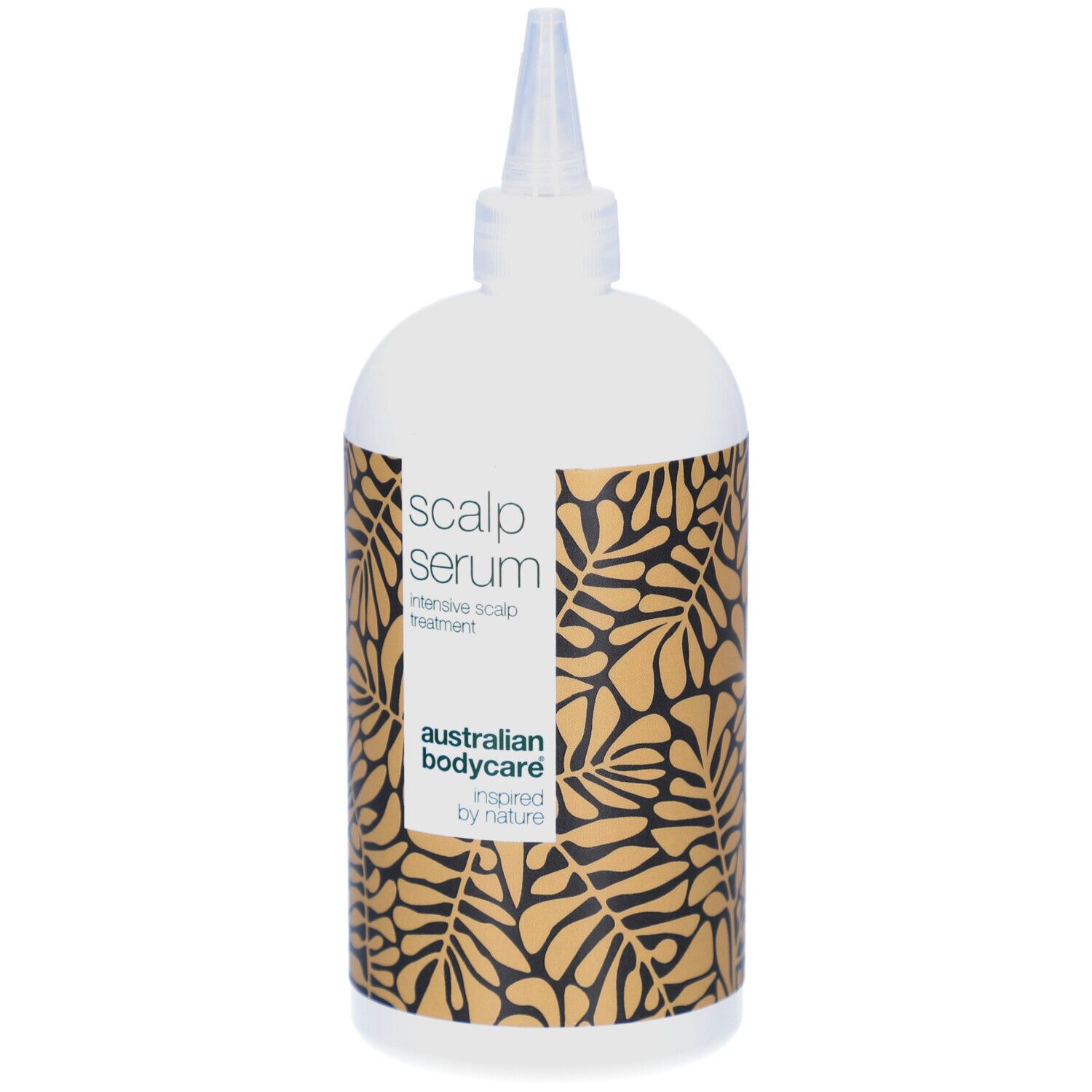 Flesje serum. Wit, met opdruk en applicatorpunt. Opschrift: Scalp Serum, Australian Bodycare.