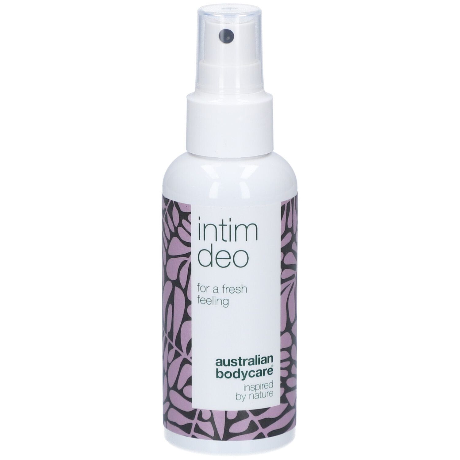 Witte spray met Intim Deo. Bloemenpatroon. Merk Australian Bodycare.