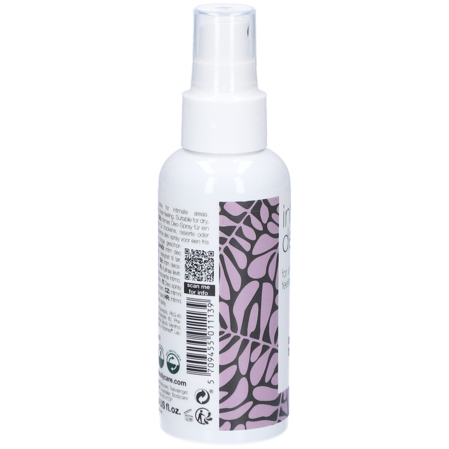 Achterkant witte sprayfles. Tekst en QR-code. Merk Australian Bodycare.