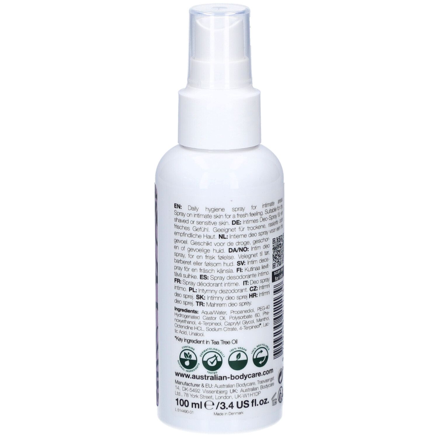Achterkant witte sprayfles. Meertalige tekst. 100 ml.