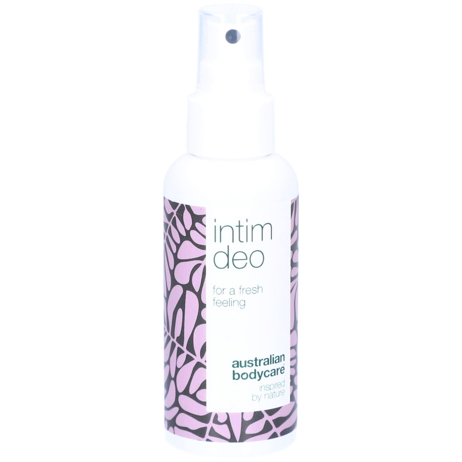 Witte spray met Intim Deo. Bloemenpatroon. Merk Australian Bodycare.