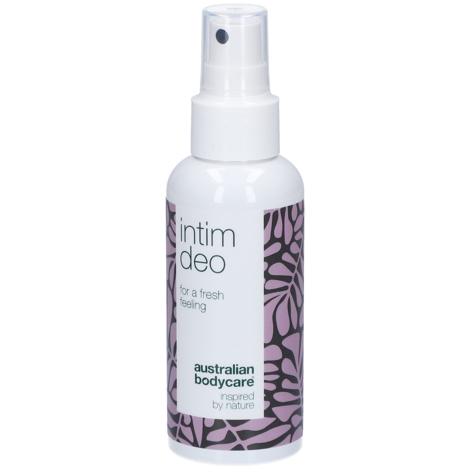 Witte spray met Intim Deo. Bloemenpatroon. Merk Australian Bodycare.