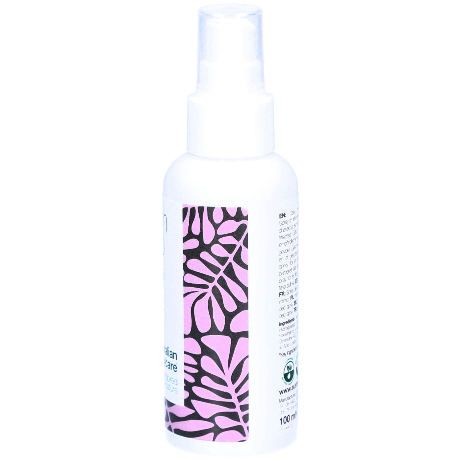 Achterkant witte sprayfles. Tekst en bloemenpatroon. 100 ml.