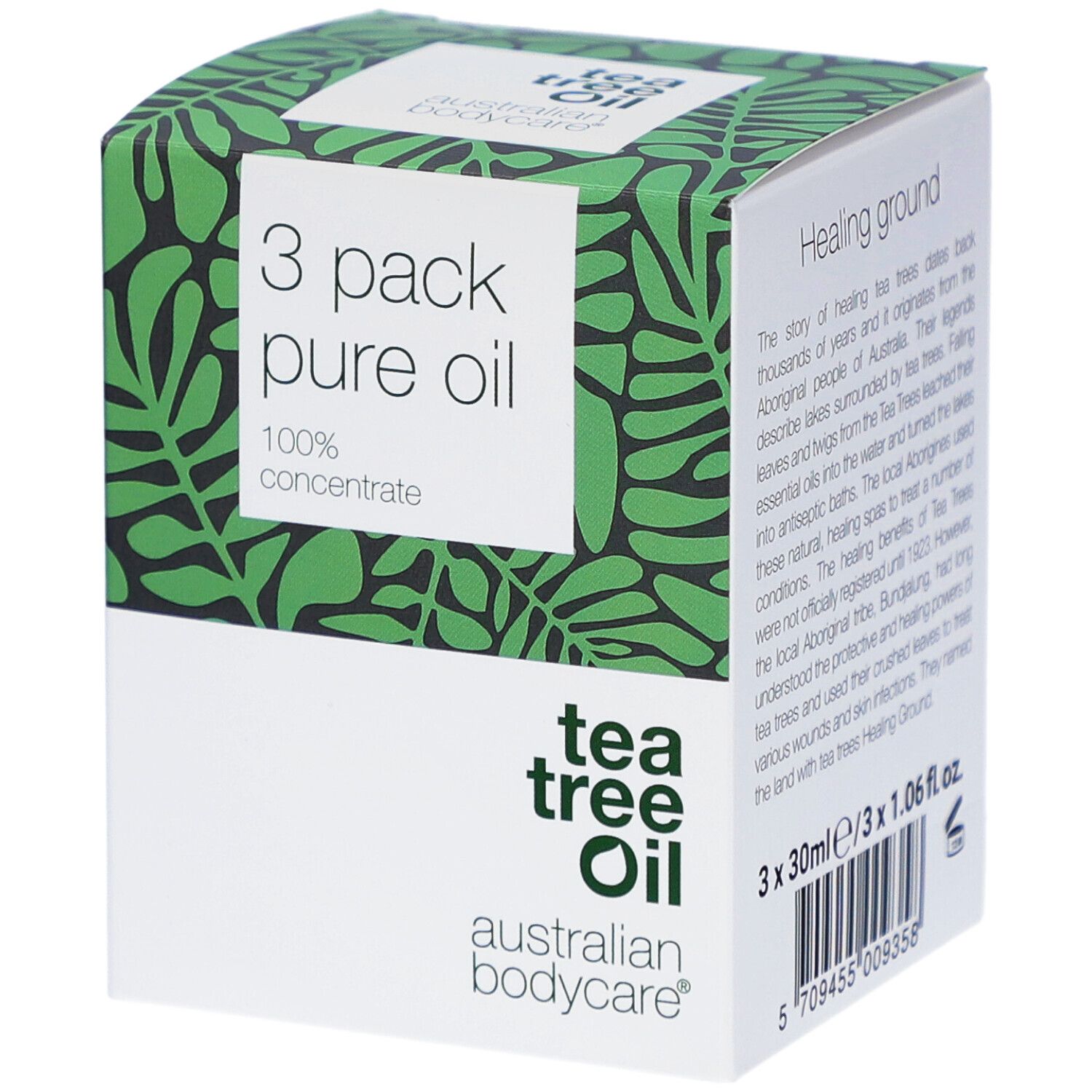 Boîte de 3 huiles de théier. Design vert et blanc avec informations et logo du produit.