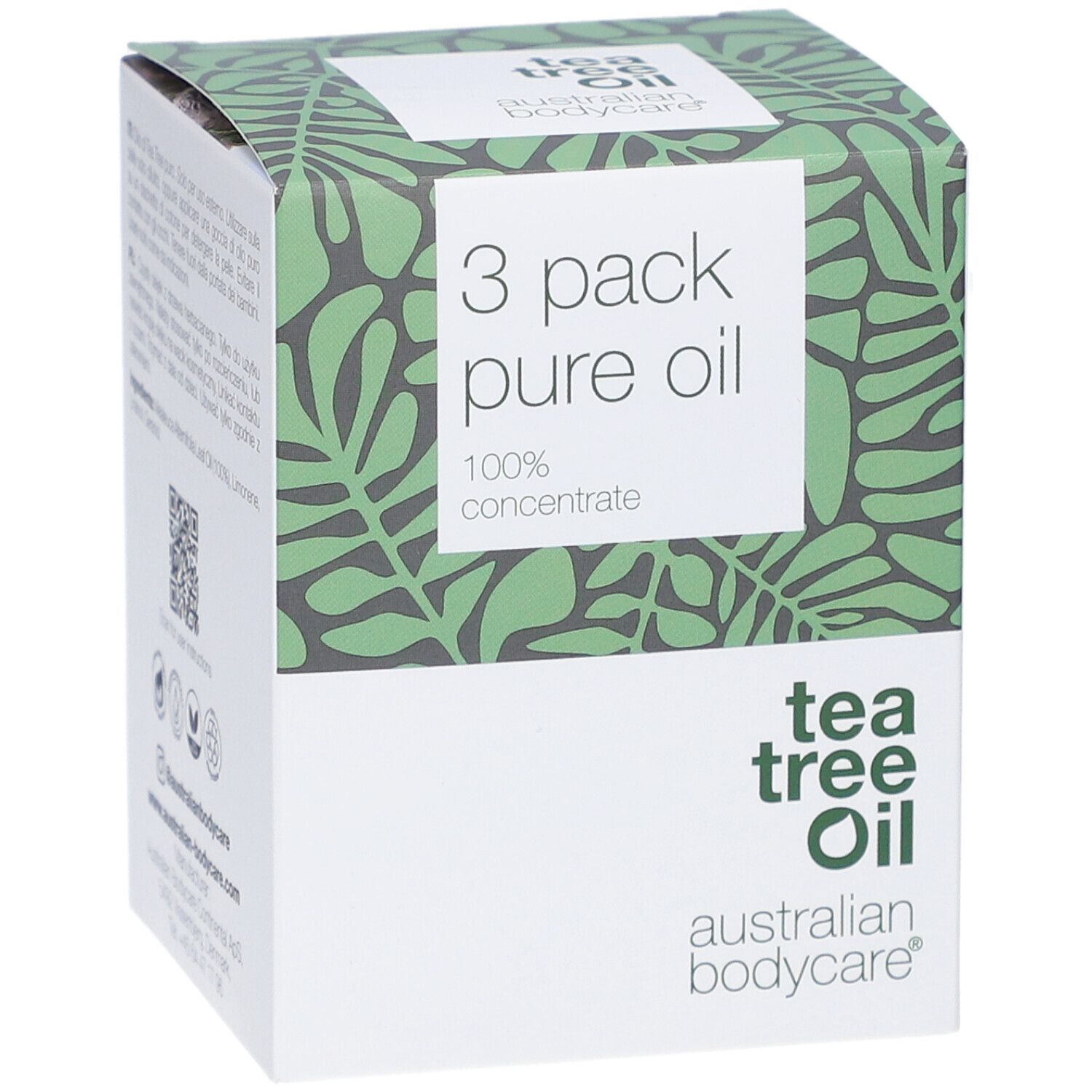 Boîte de 3 huiles de théier. Design vert et blanc avec informations et logo du produit.