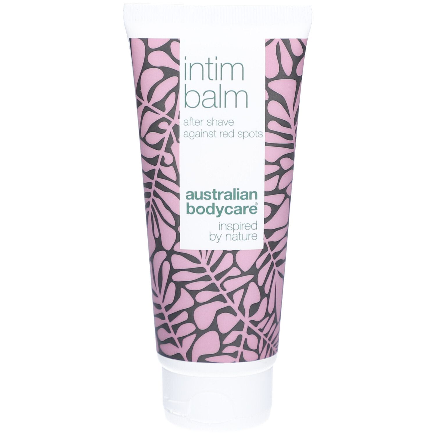 Tube de baume intime, bouchon blanc. Inscription : Intim Balm, after shave against red spots. Marque : Australian Bodycare.
