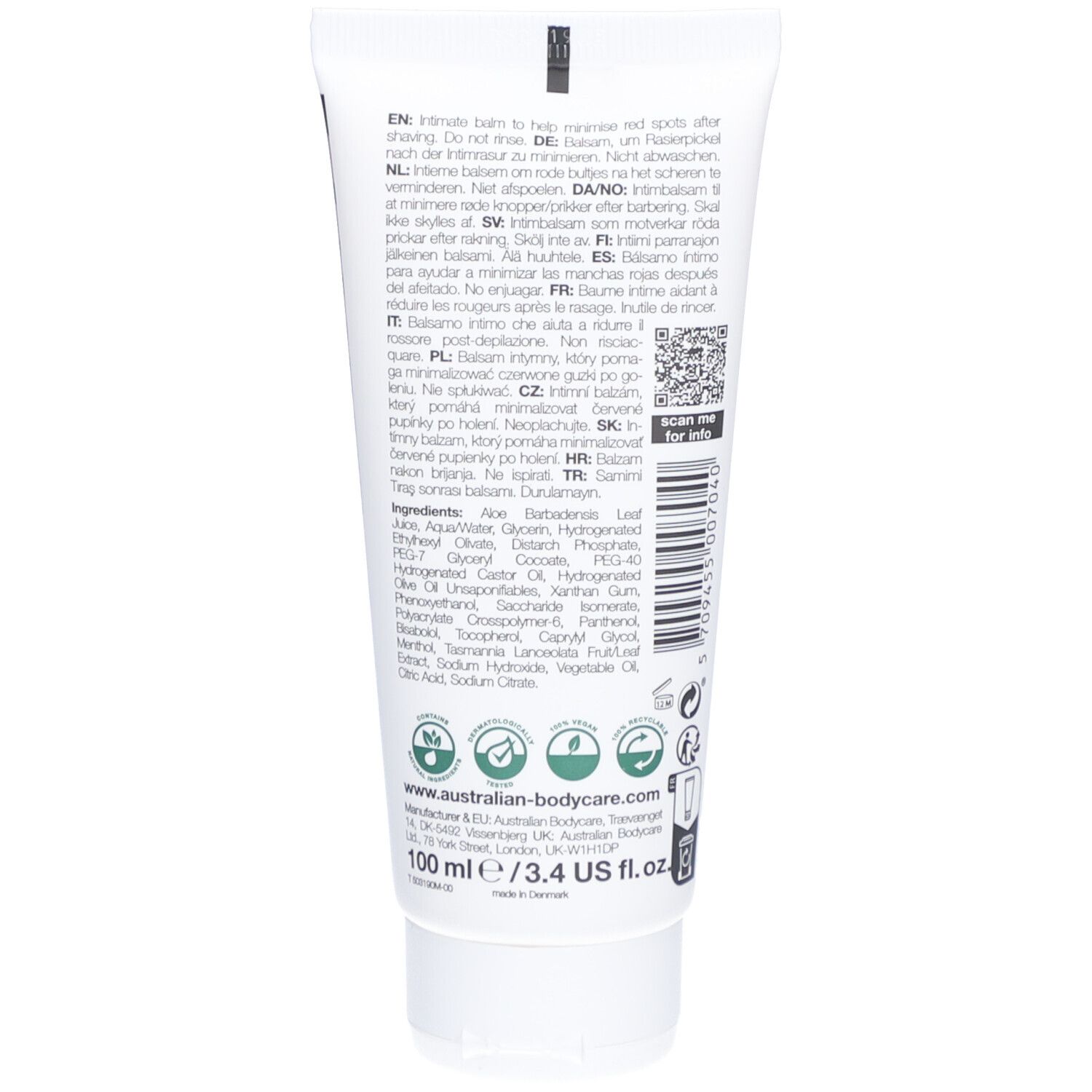 Dos du tube de baume intime. Texte multilingue, ingrédients, logo Australian Bodycare, 100 ml.