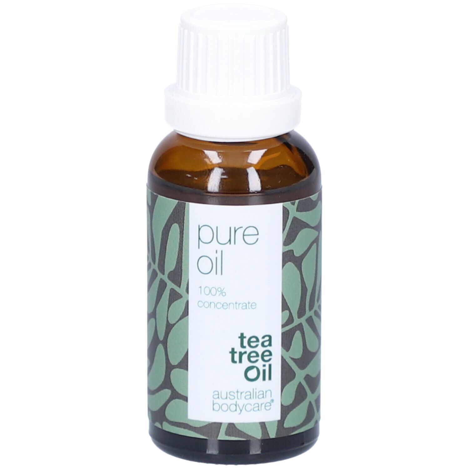 Bruine glazen fles met witte dop. Etiket met tekst: pure oil, 100% concentrate, tea tree oil, australian bodycare.