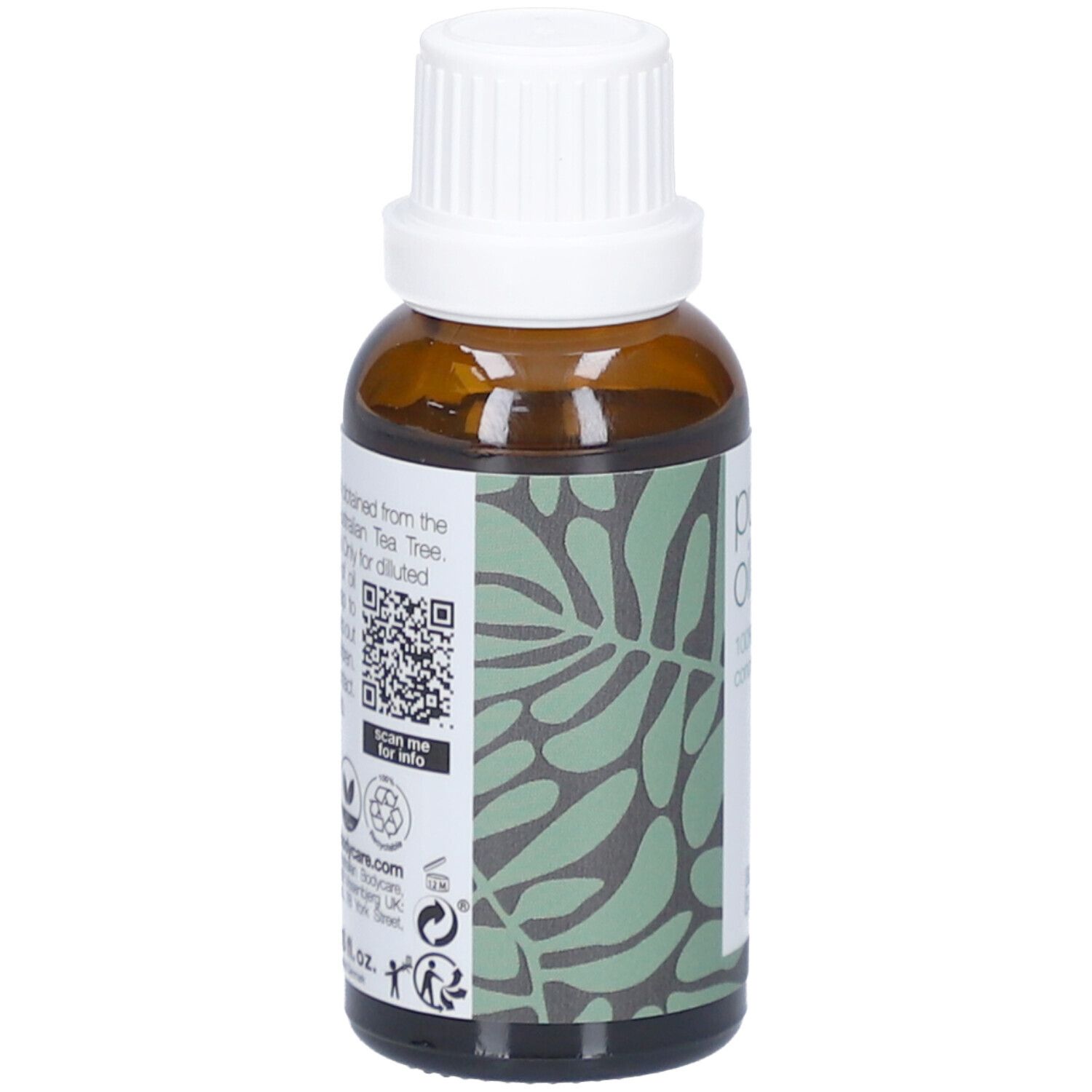 Bruine glazen fles met witte dop. Etiket met tekst en QR-code. Tekst: pure oil, 100% concentrate, tea tree oil, australian bodycare.