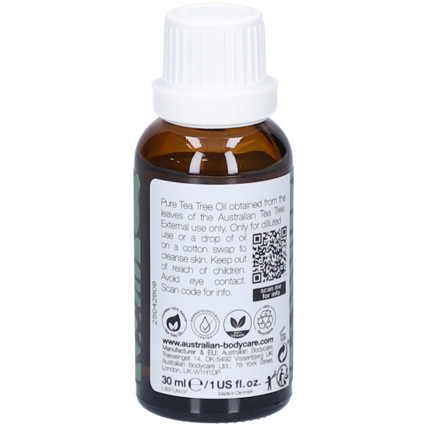 Bruine glazen fles met witte dop. Etiket met tekst en QR-code. Tekst: 30 ml, 1 US fl.oz.